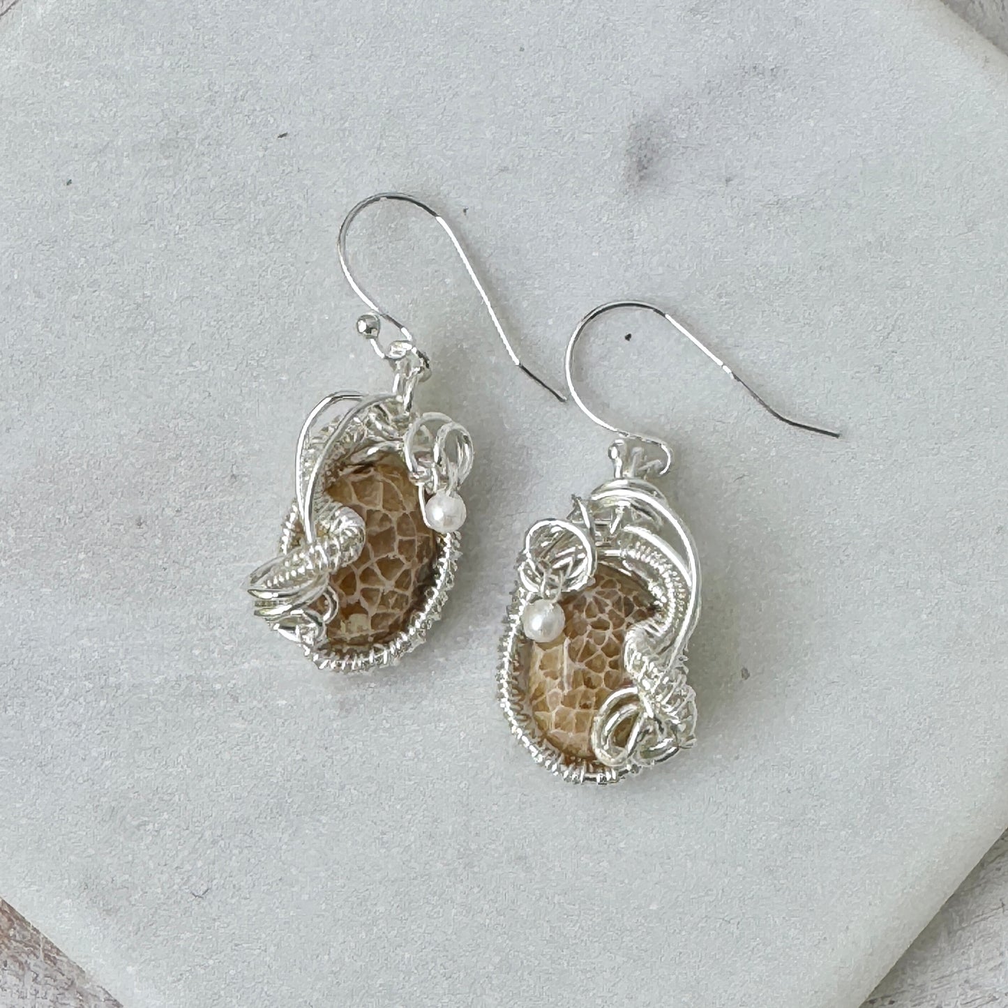 Fossil Coral & Pearl Woven Silver Earrings