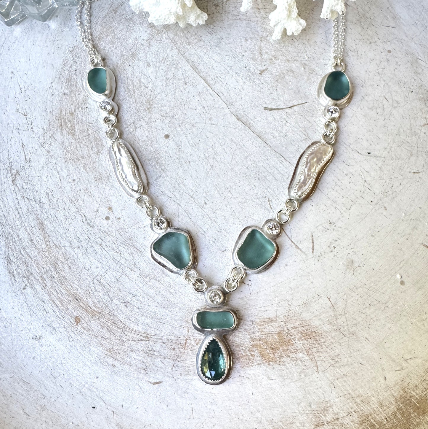 Aqua Sea Glass, CZ, Pearl & Ocean Kyanite Multi Stone Necklace