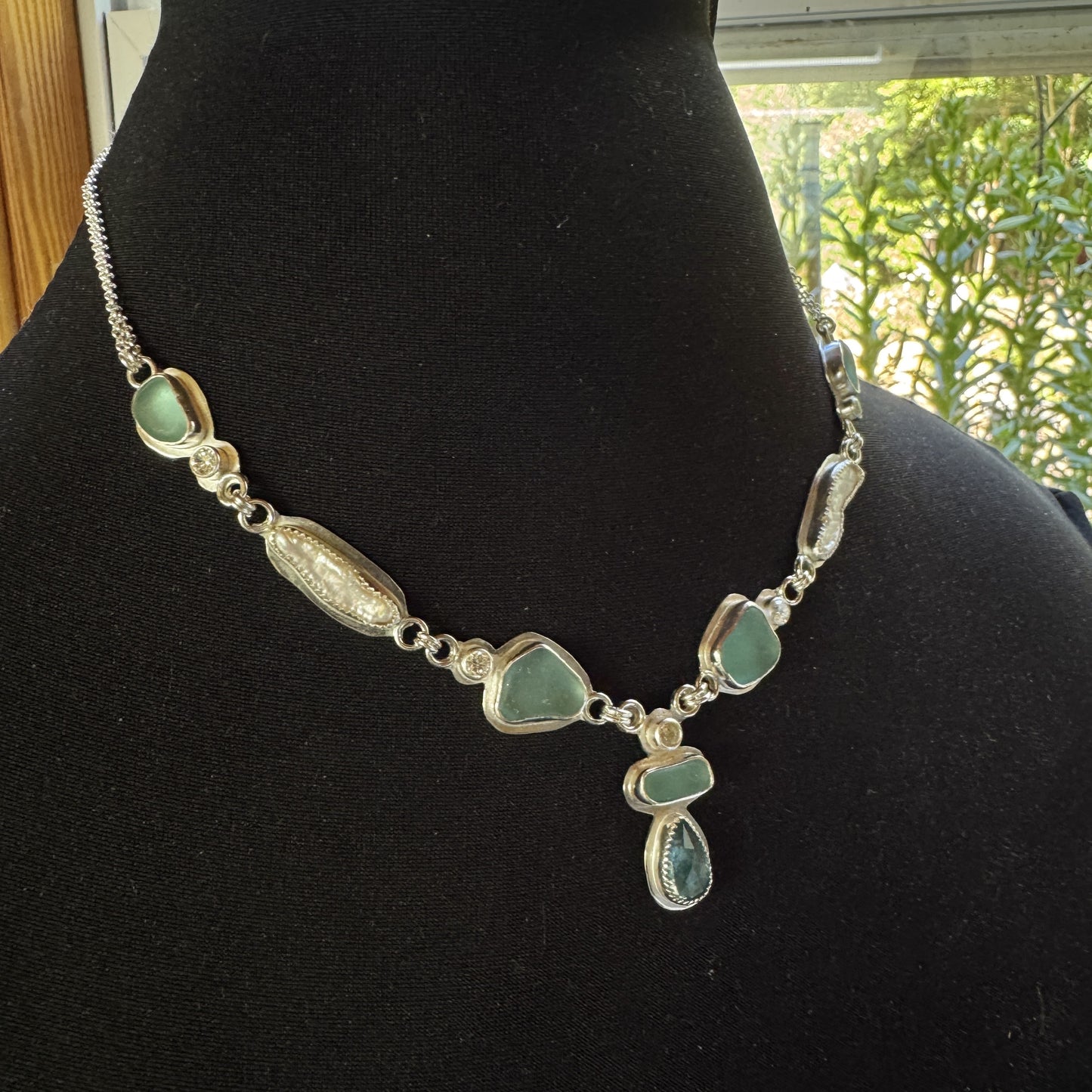 Aqua Sea Glass, CZ, Pearl & Ocean Kyanite Multi Stone Necklace