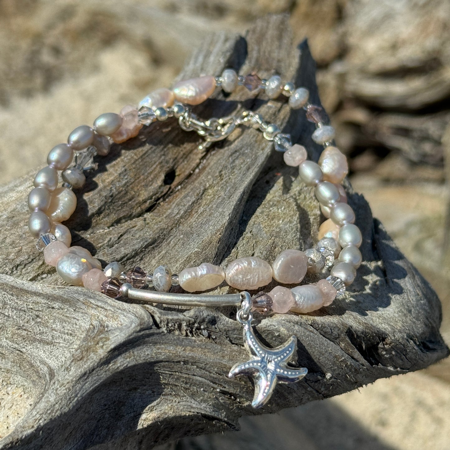 Pink/Grey Pearl Bracelets with Starfish Charm (set of 2)