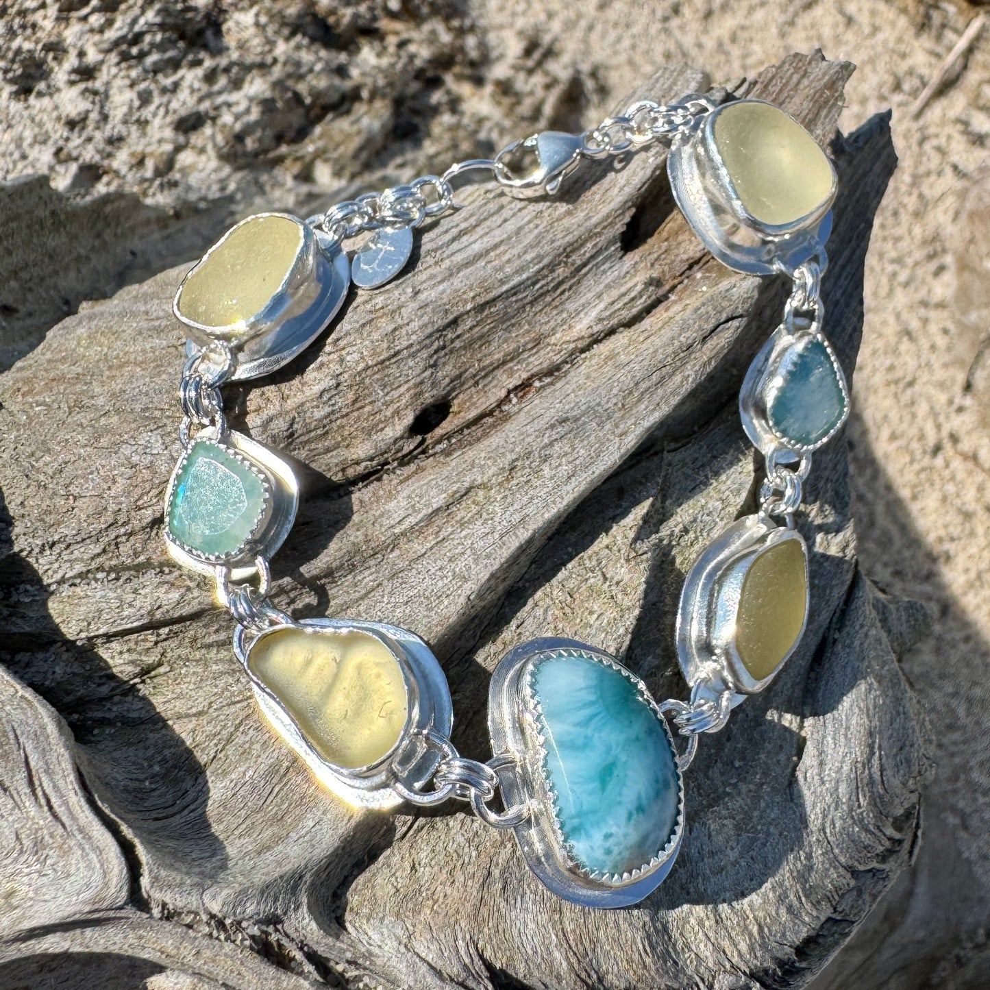 Yellow Sea Glass, Desert Glass & Larimar Bracelet