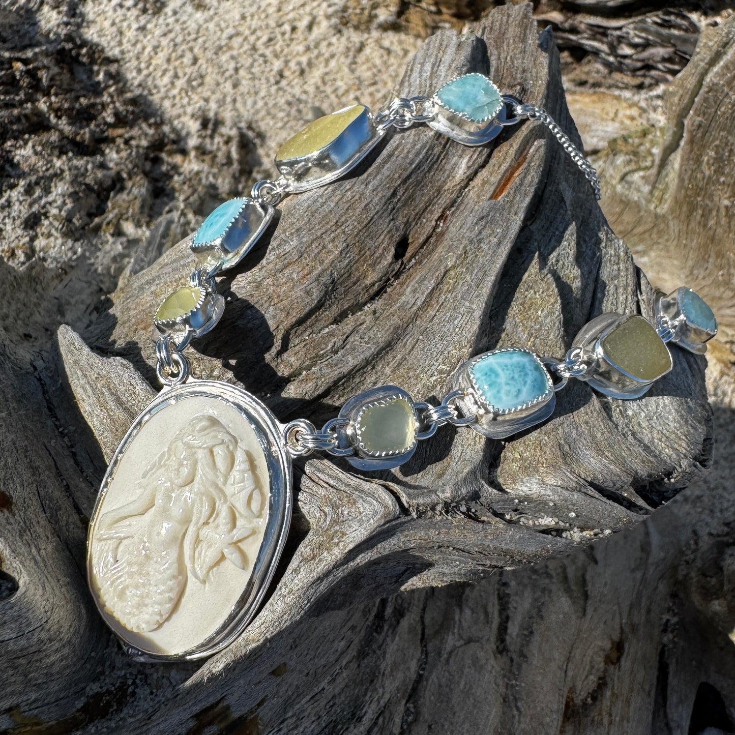 Yellow Sea Glass, Desert Glass & Larimar Mermaid Necklace