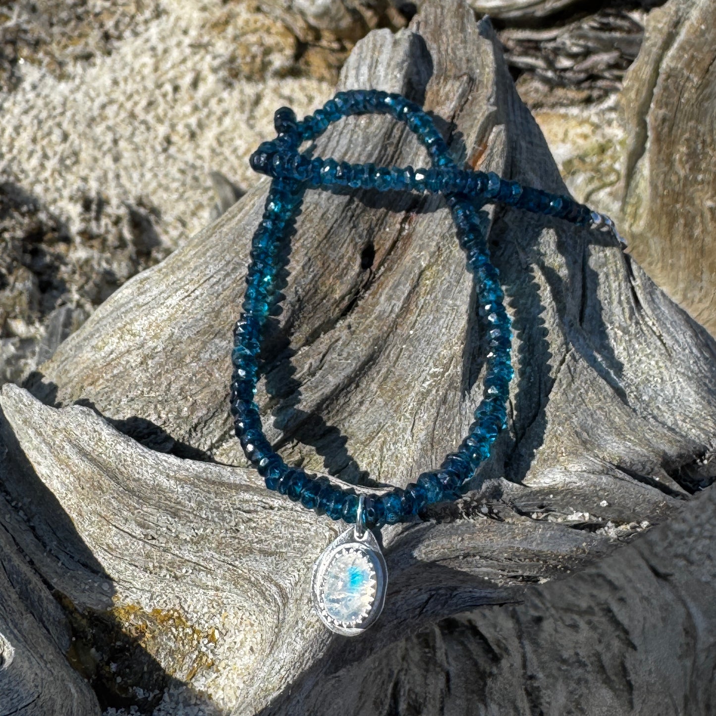 Rainbow Moonstone & London Blue Topaz Gemstone Necklace