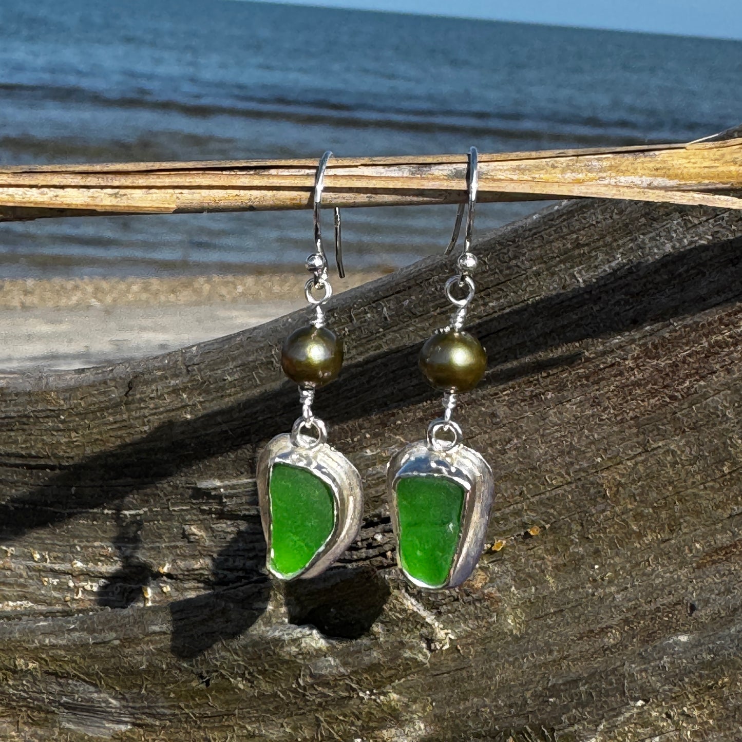 Green Sea Glass & Green Freshwater Pearl Earrings