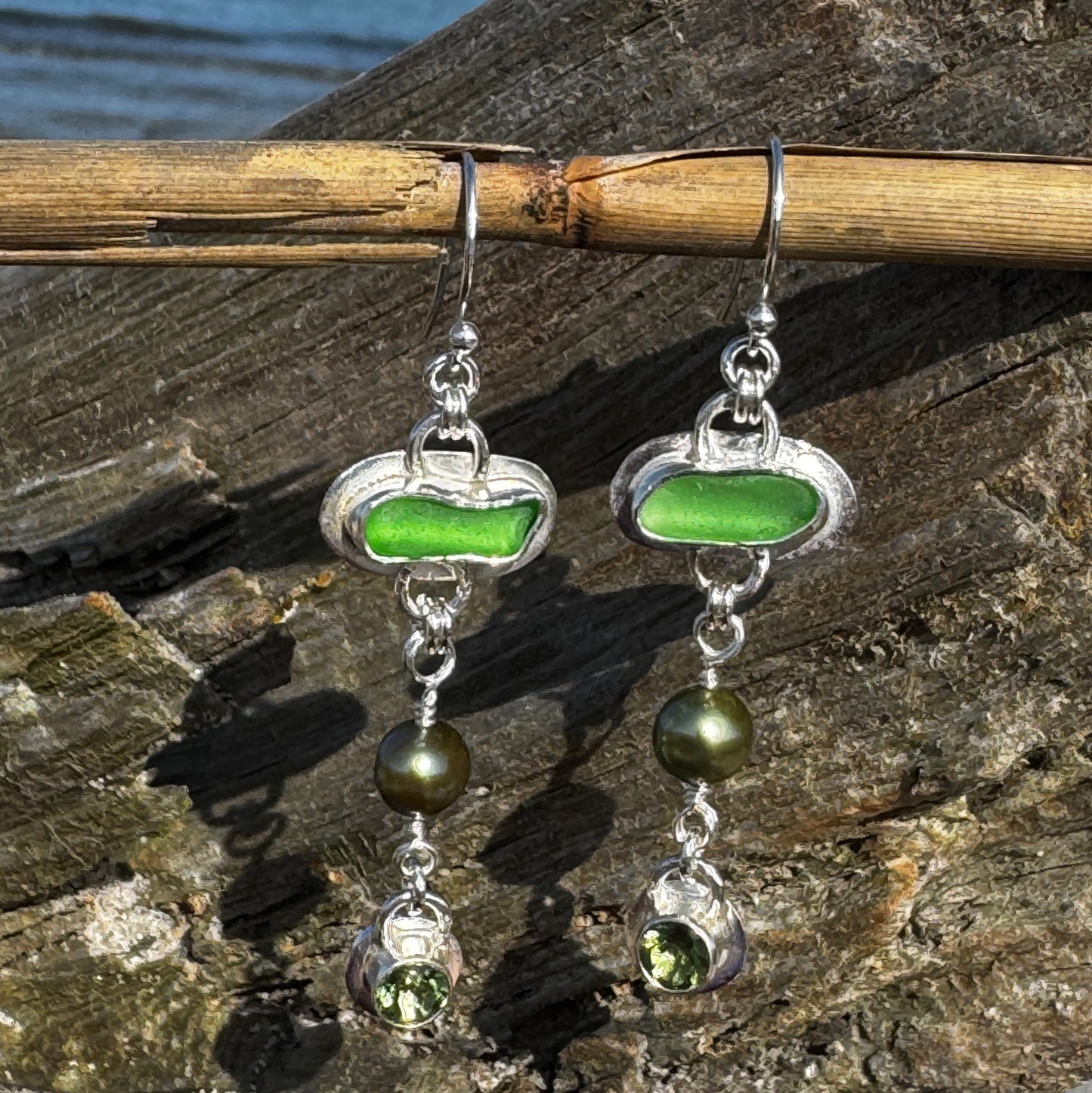 Green Sea Glass, Green FW Pearls & Green Apatite Earrings