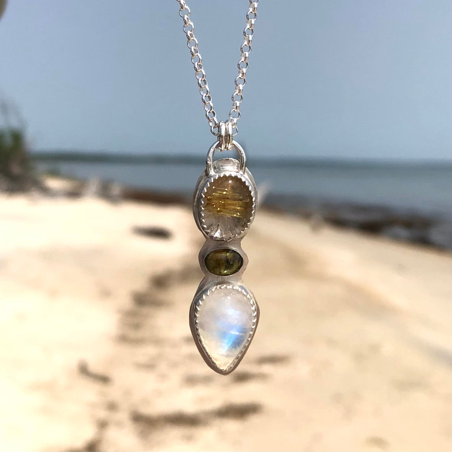 Golden Rutilated Quartz, Green Garnet & Moonstone Necklace
