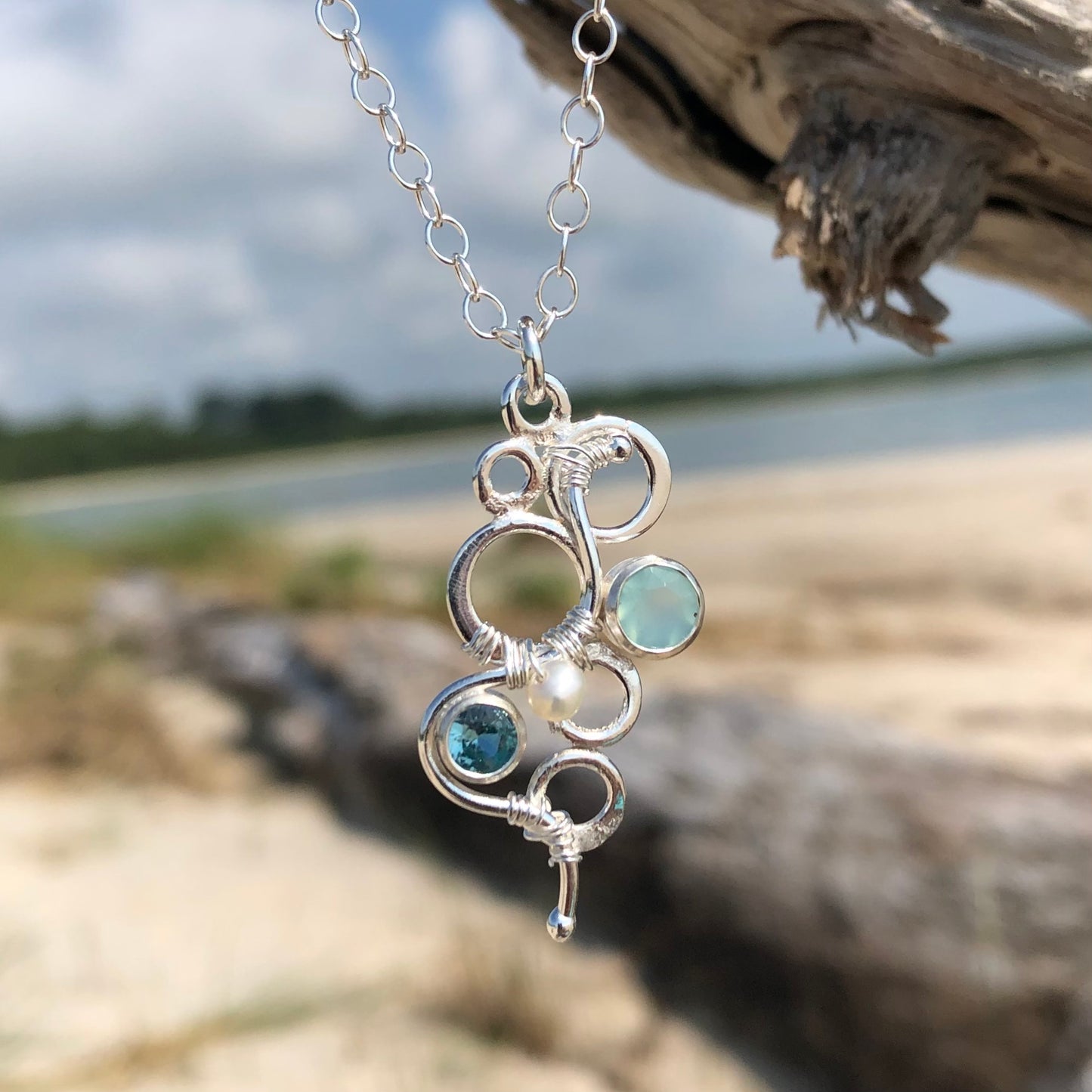Blue Zircon & Pearl Sea Bubble Necklace