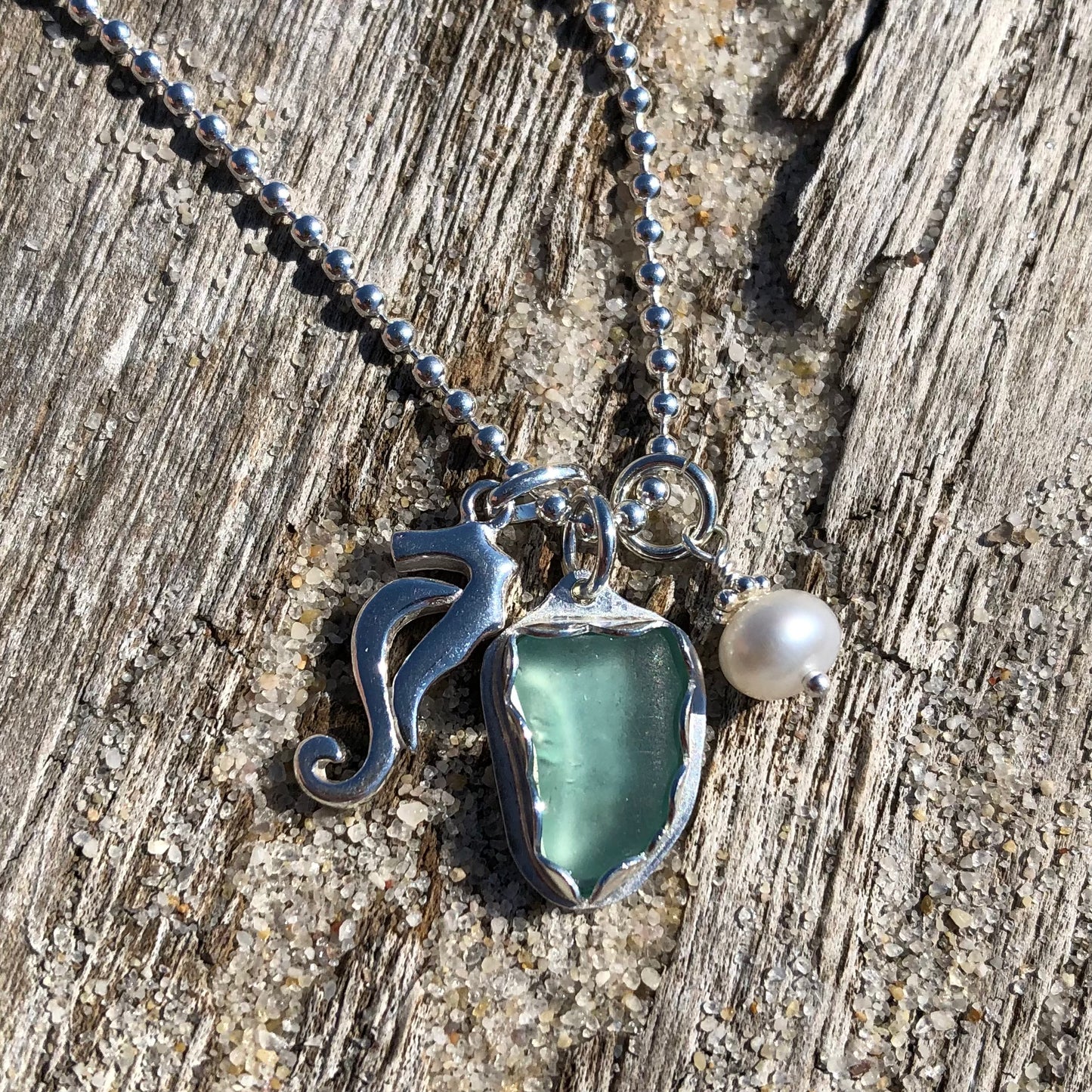 Sea Glass Charm Necklace- Sea Foam & Sea Horse