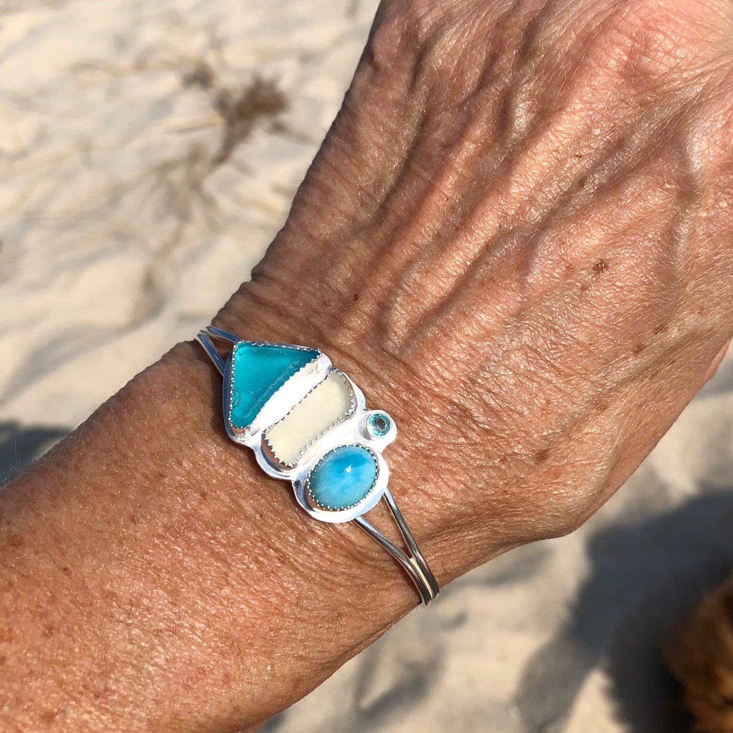 Larimar, Sea Glass & Topaz cuff Bracelet