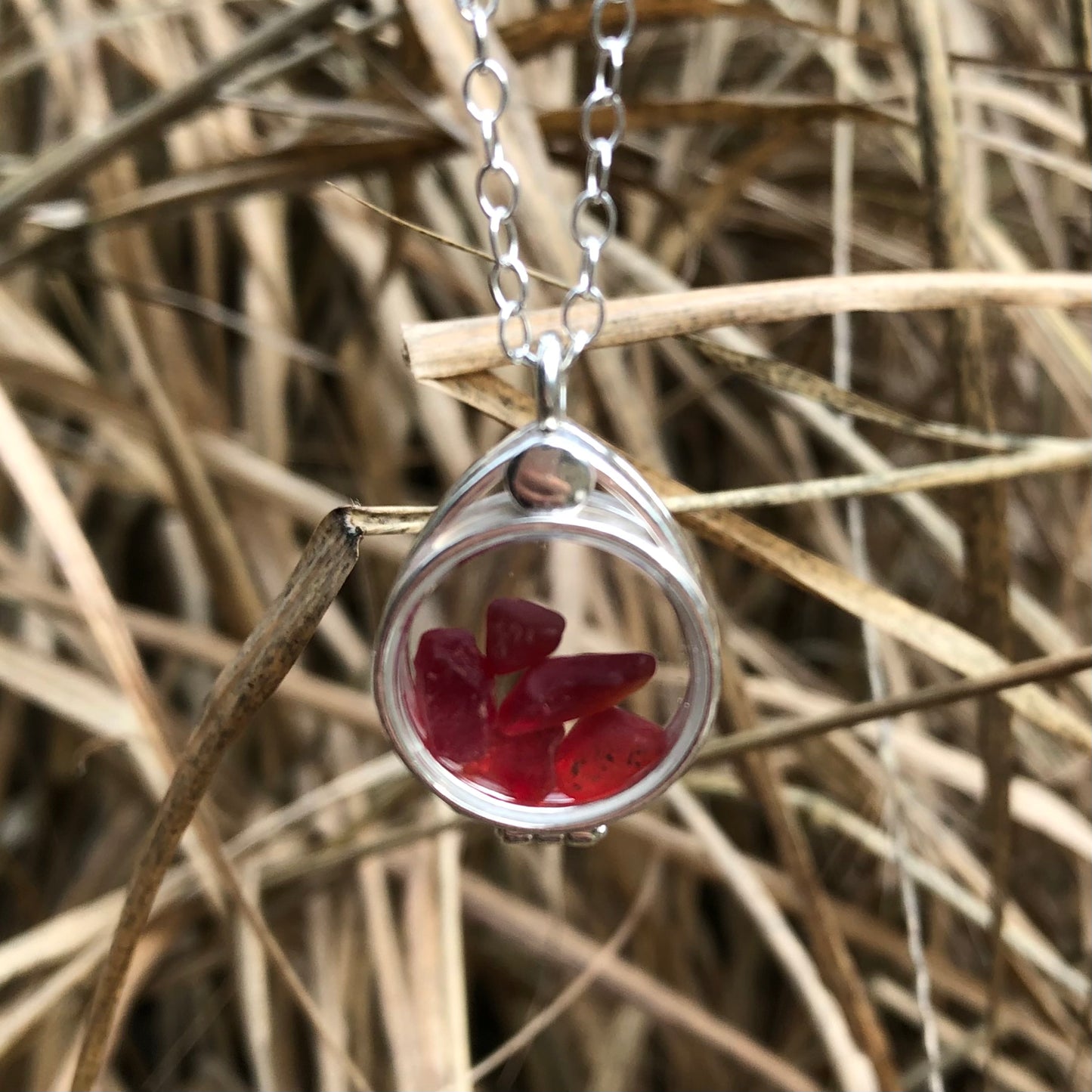 Sea Glass Locket Necklace- Red