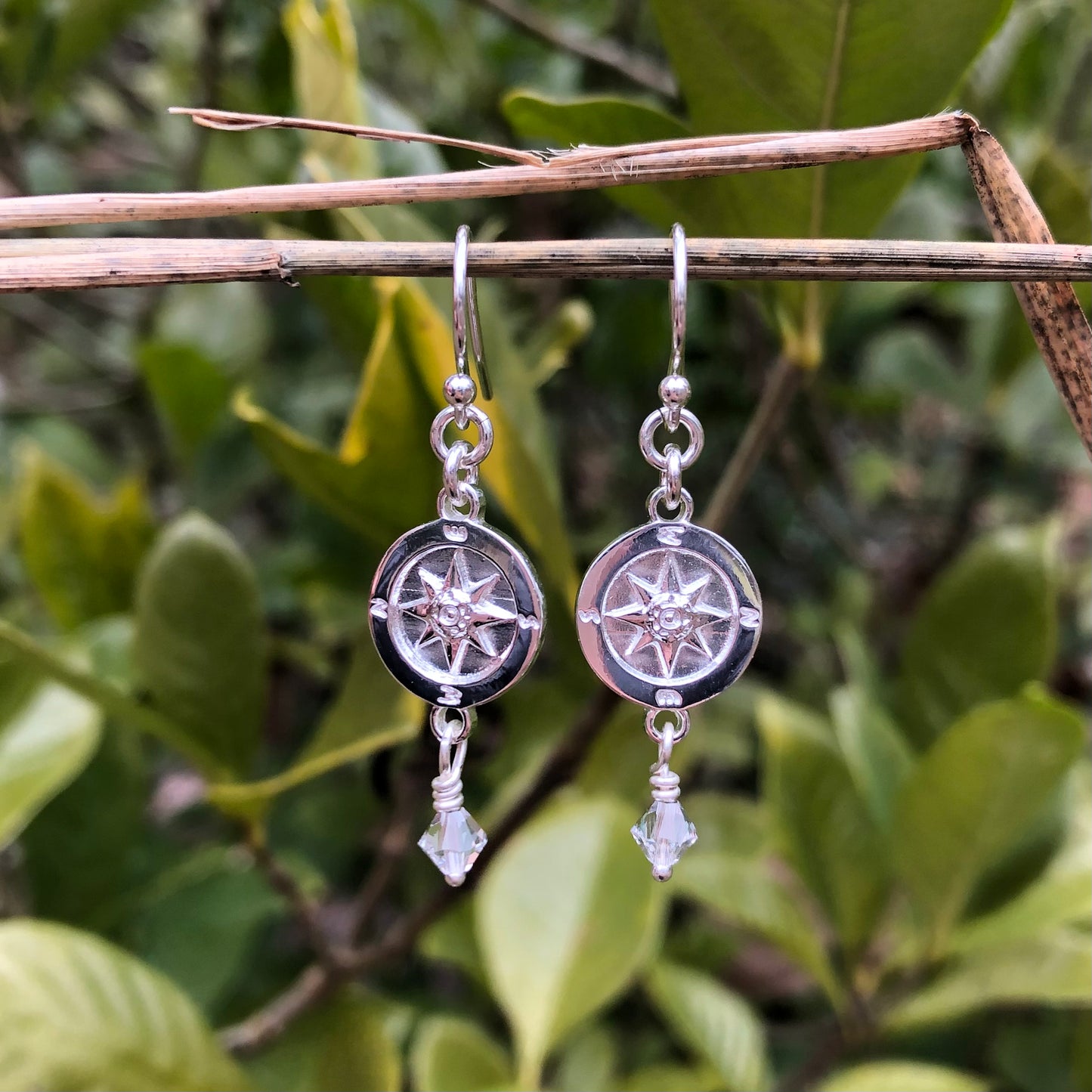 Silver Compass Earrings w/Crystal Drops