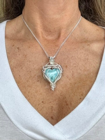 Larimar & Moonstone Woven Heart Necklace