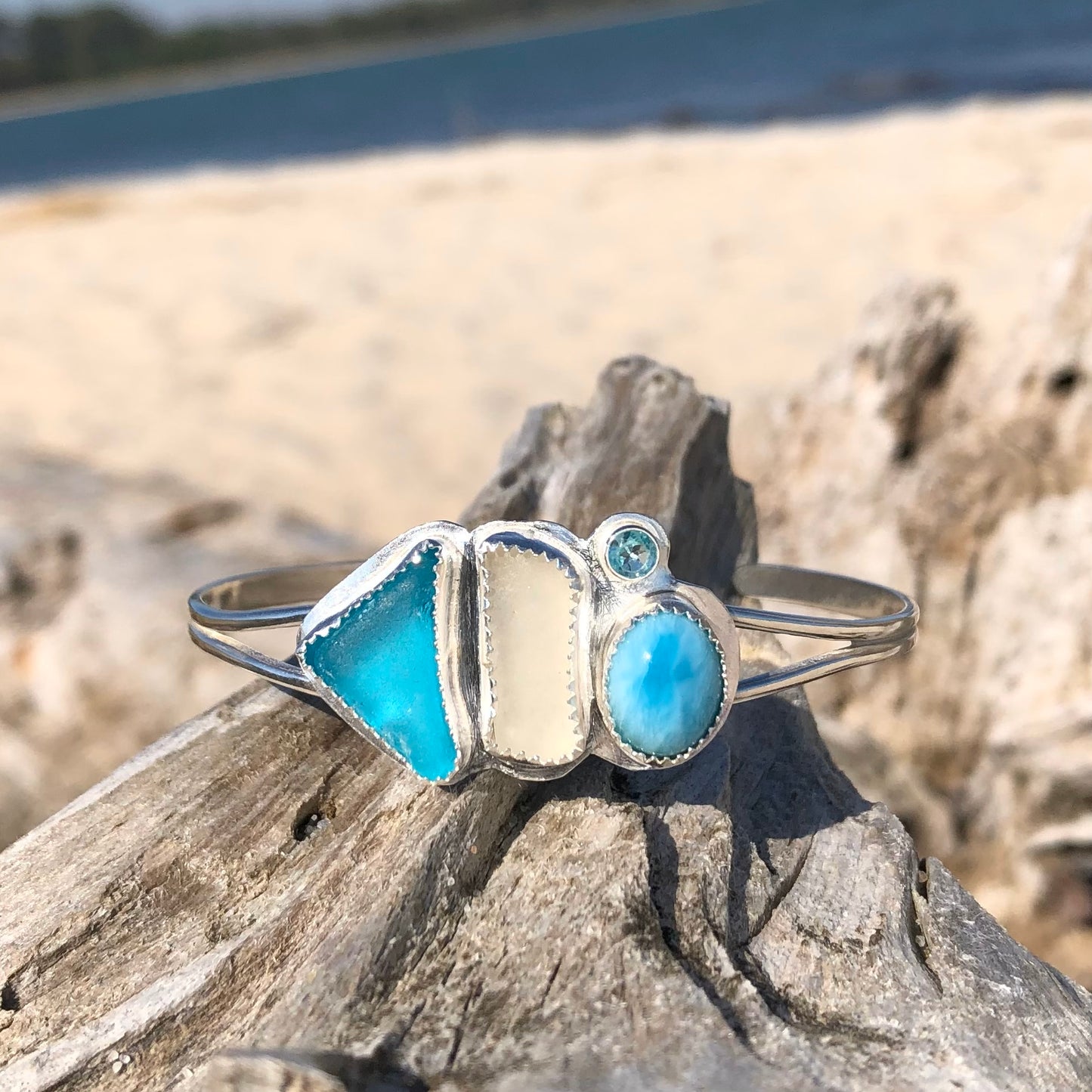 Larimar, Sea Glass & Topaz cuff Bracelet