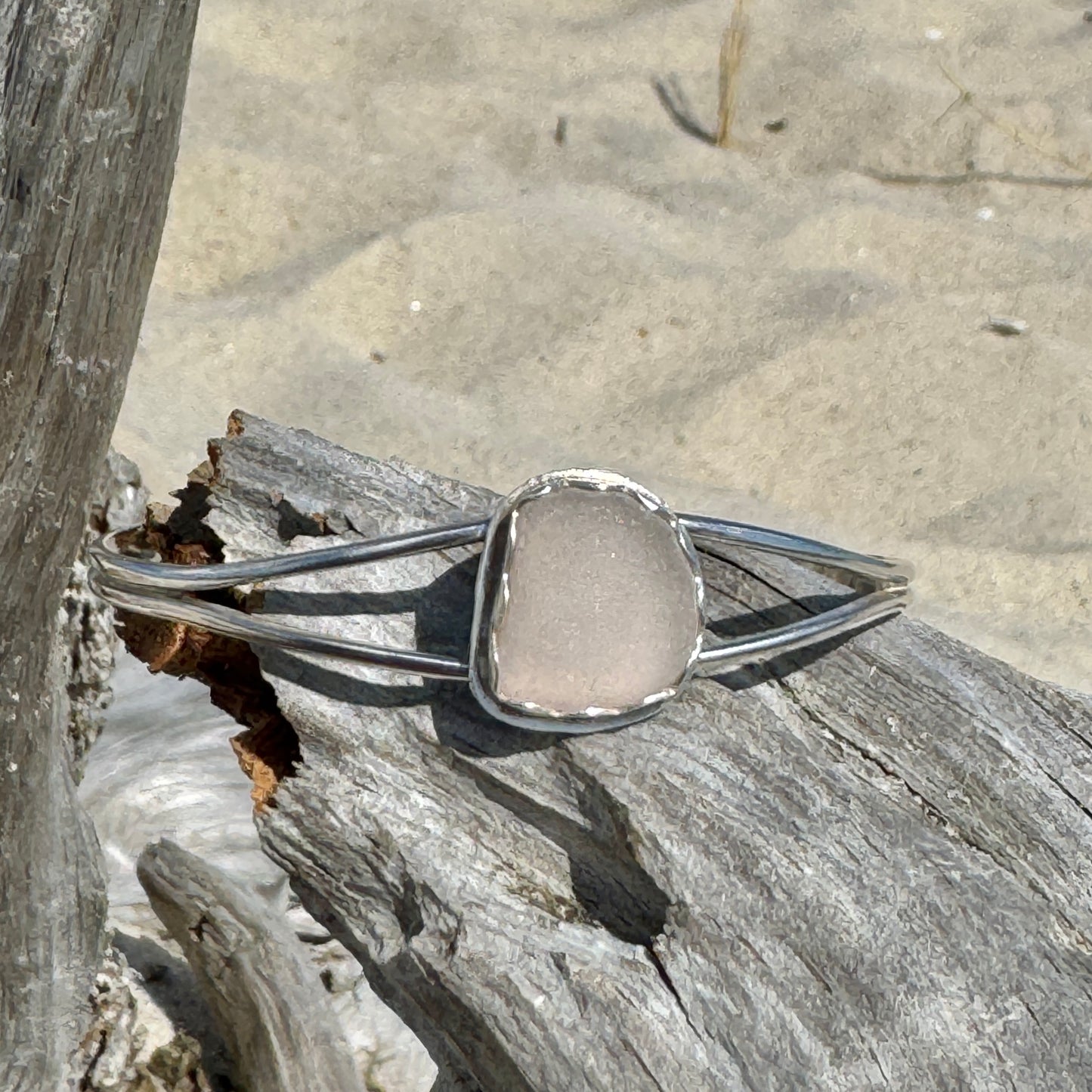 Lavender Sea Glass Silver Cuff Bracelet