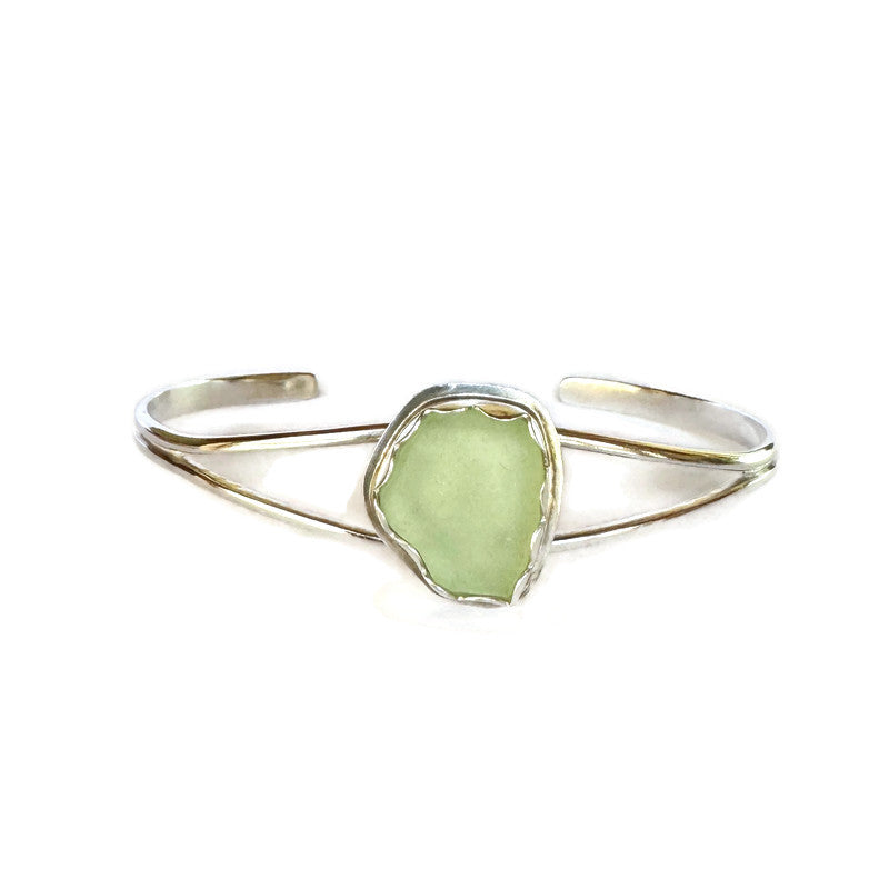 Pale Green Sea Glass Silver Cuff Bracelet