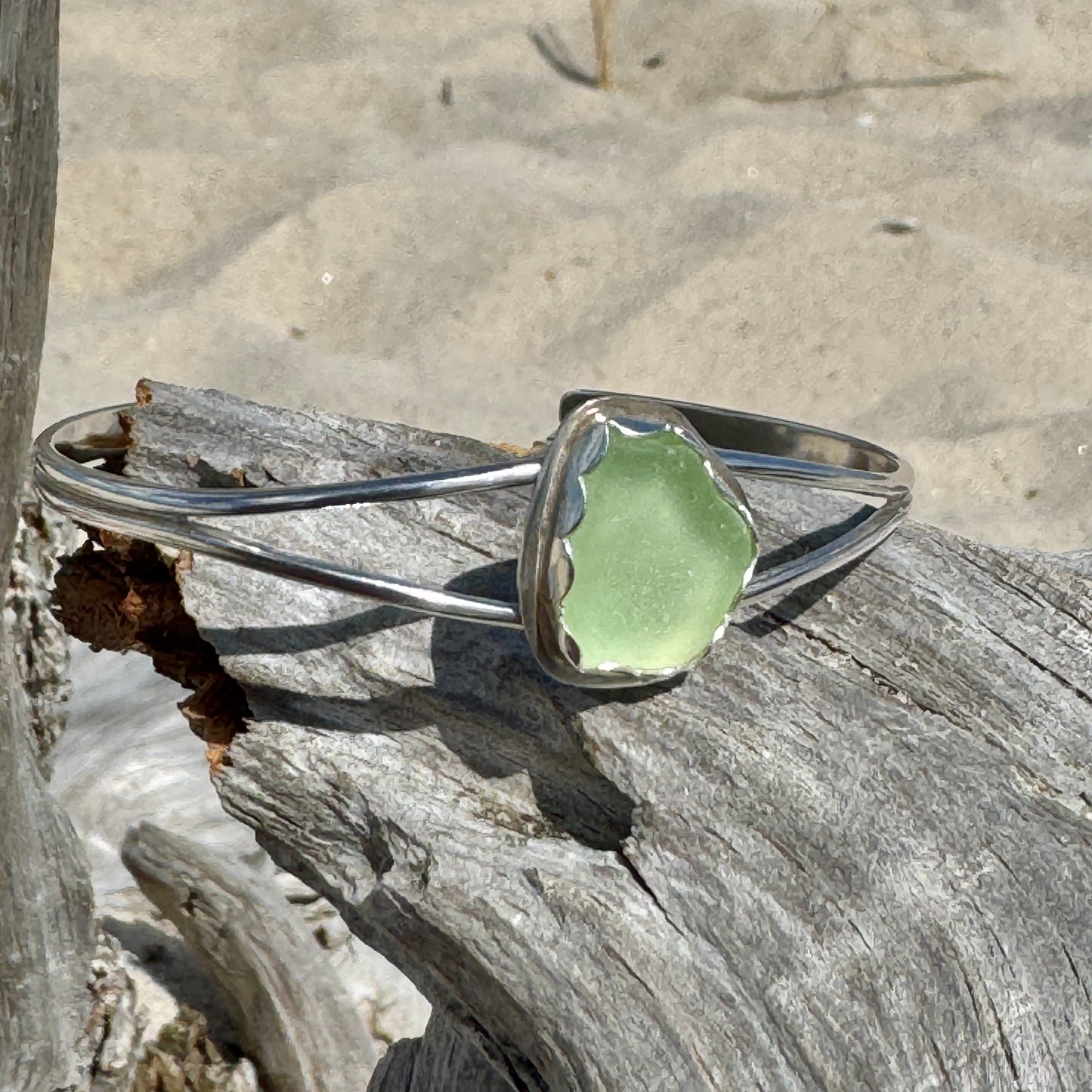 Pale Green Sea Glass Silver Cuff Bracelet