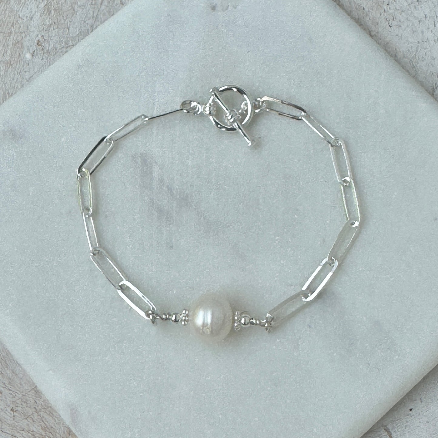 Pearl Paperclip Bracelet with Toggle Clasp