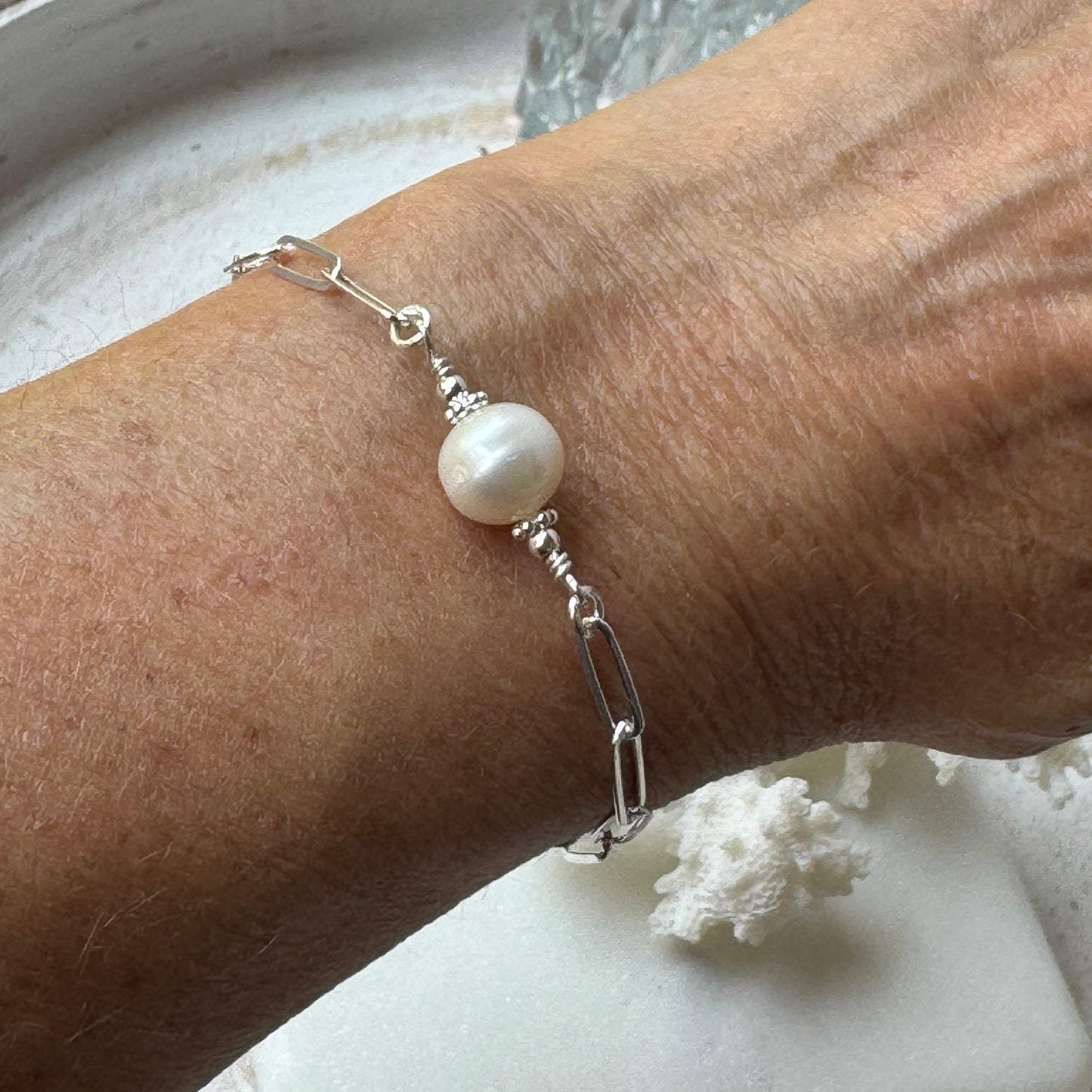 Pearl Paperclip Bracelet with Toggle Clasp