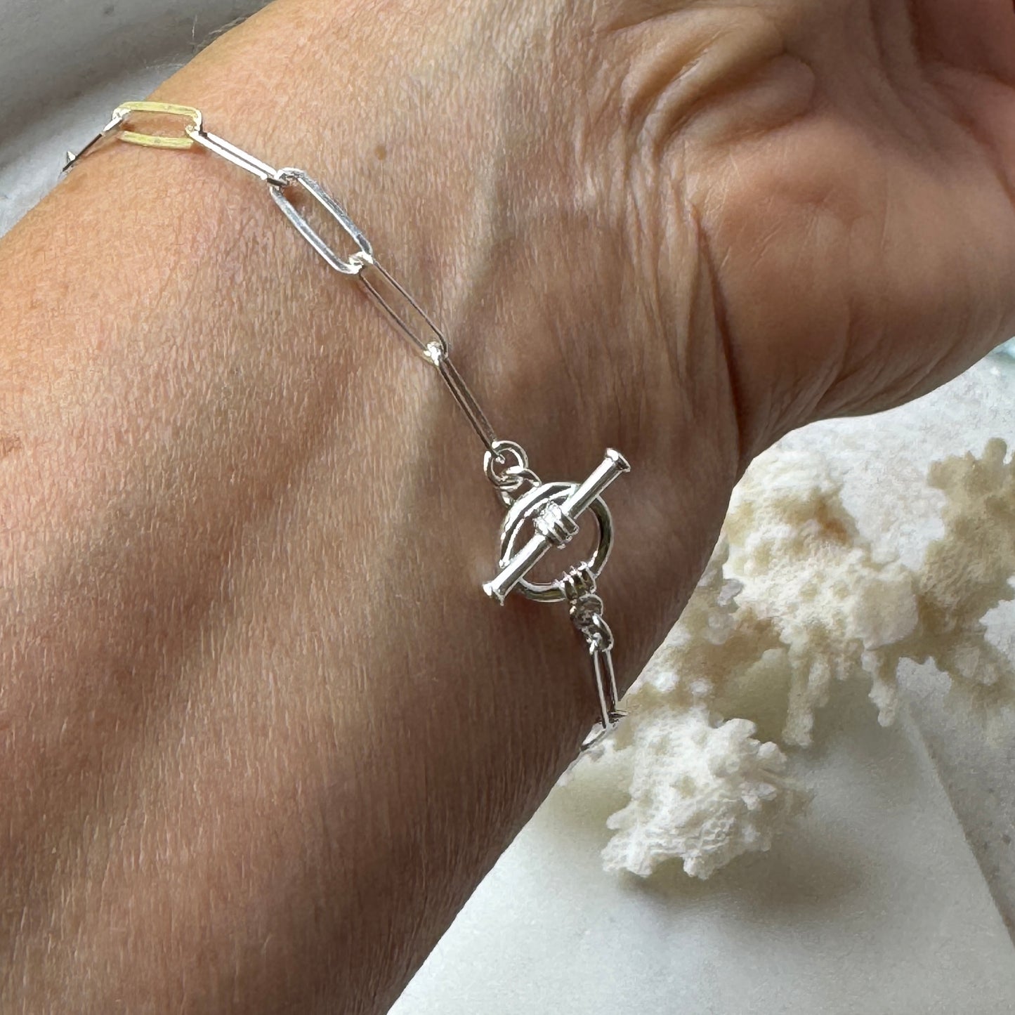 Pearl Paperclip Bracelet with Toggle Clasp