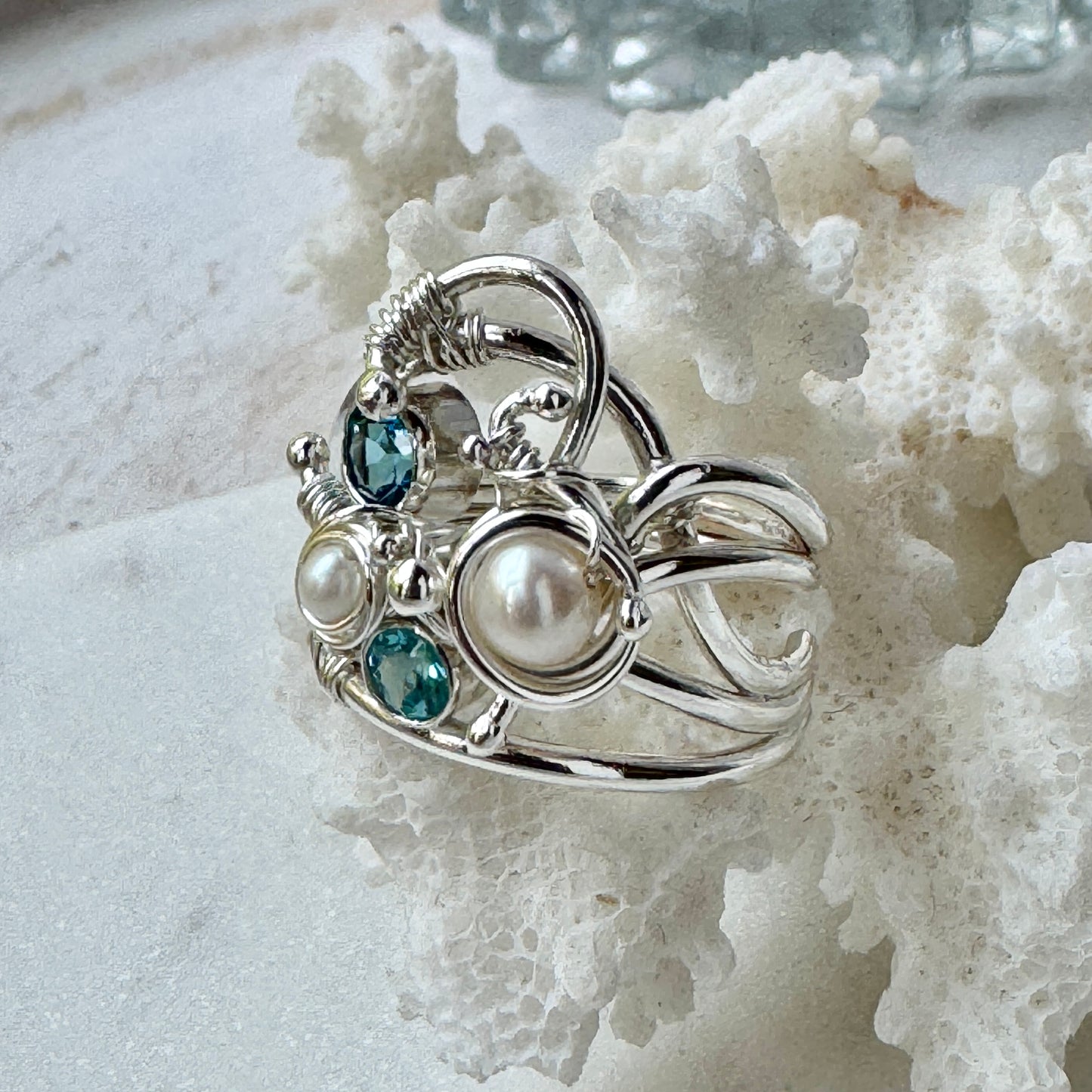 Pearl & Topaz & Apatite Gemstone Ring