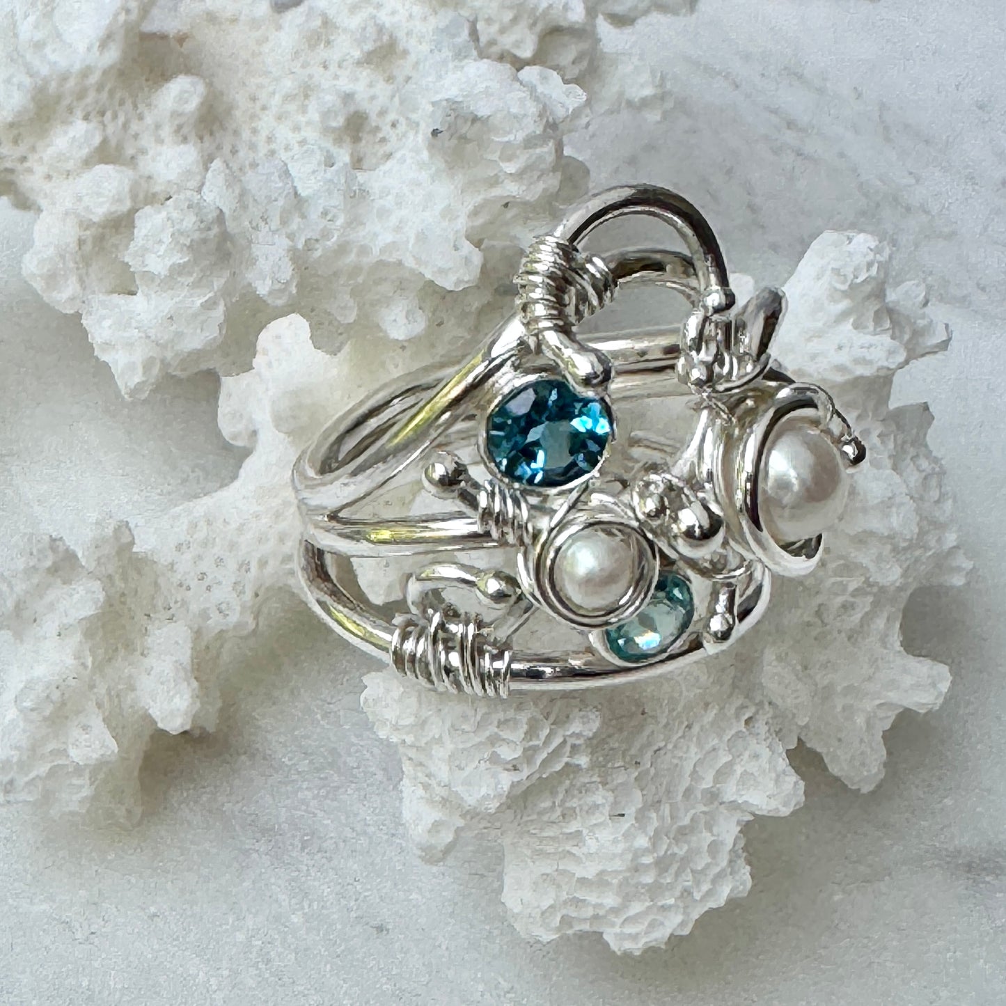 Pearl & Topaz & Apatite Gemstone Ring