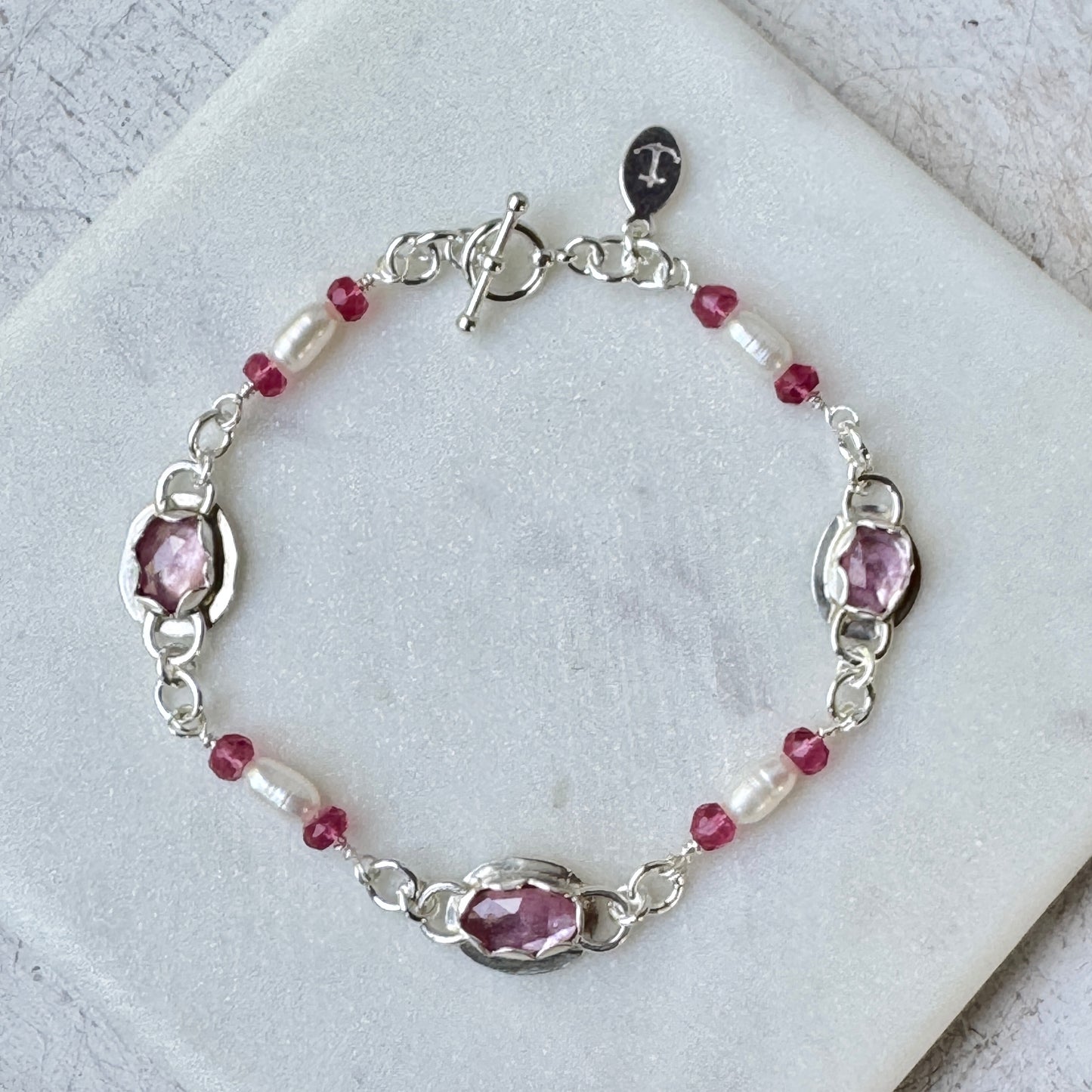 Pink Sapphire and Freshwater Pearl Link Bracelet