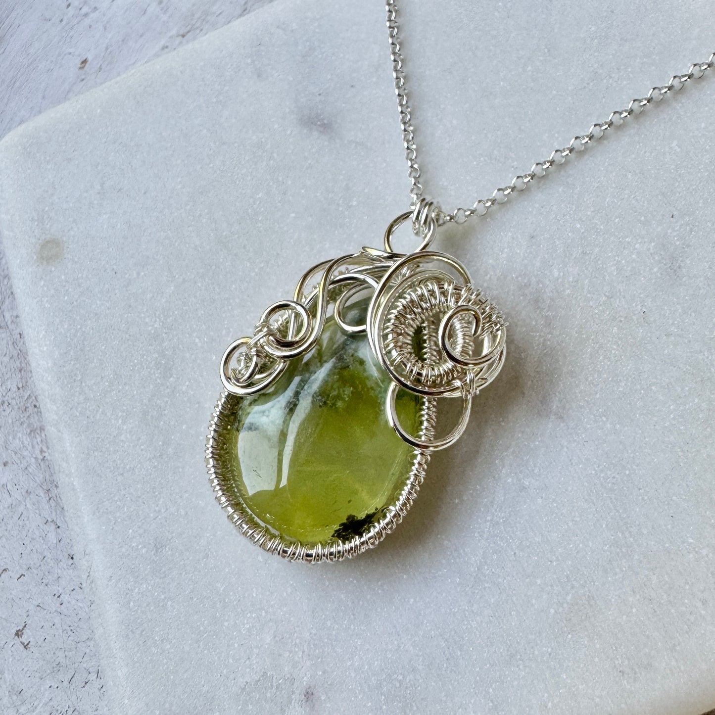 Prehnite Woven Silver Necklace