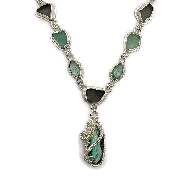 Aqua & Grey Sea Glass, Kyanite & Mystic Sage Turquoise Necklace