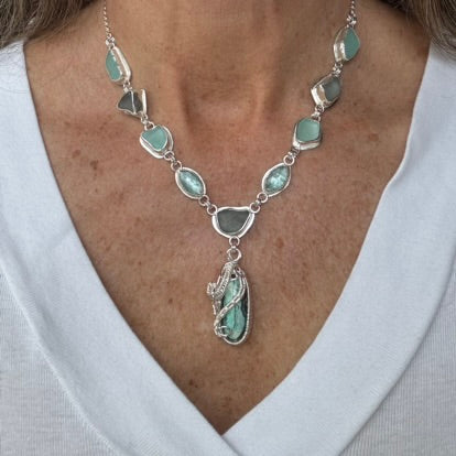 Aqua & Grey Sea Glass, Kyanite & Mystic Sage Turquoise Necklace
