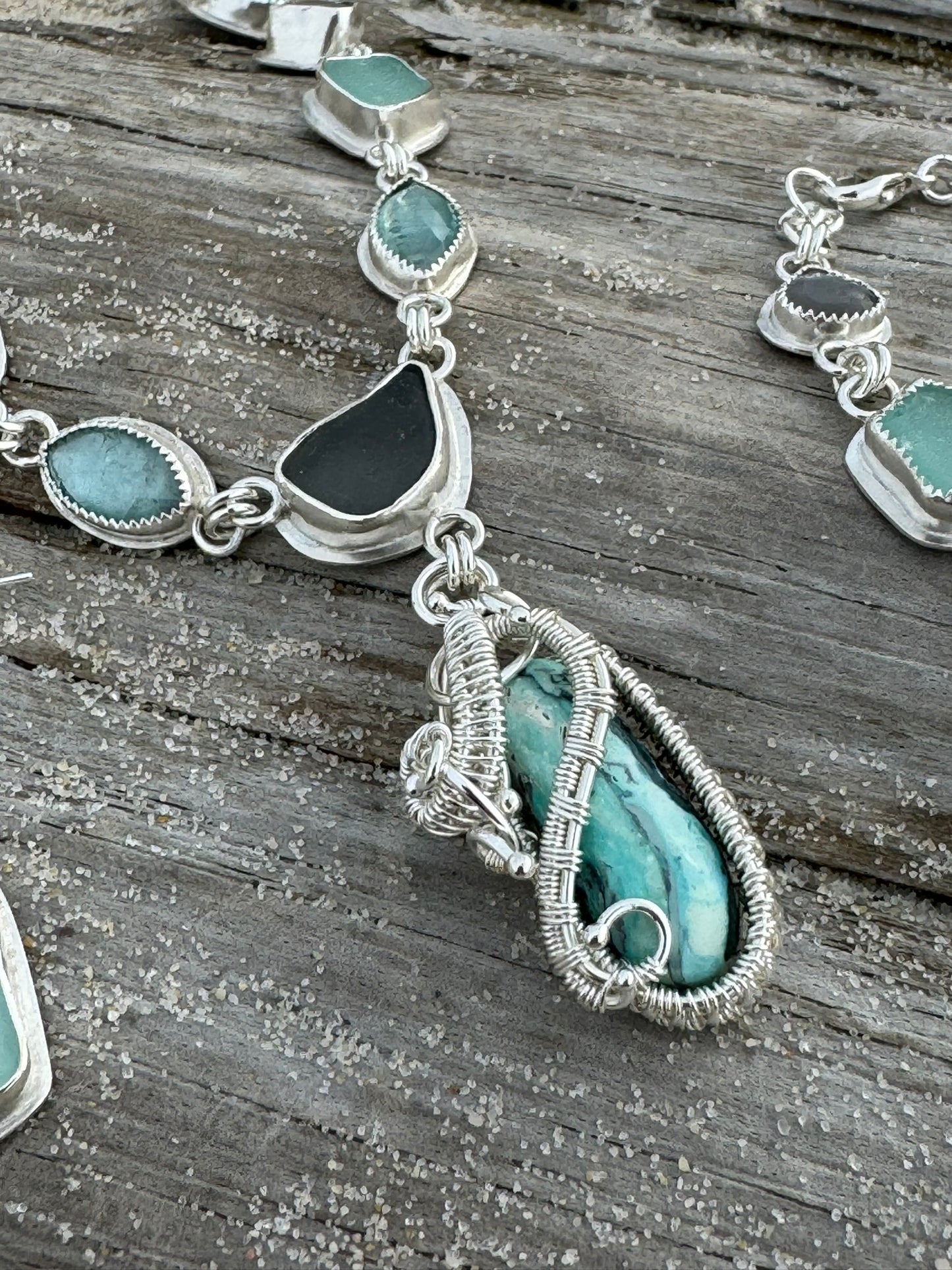 Aqua & Grey Sea Glass, Kyanite & Mystic Sage Turquoise Necklace