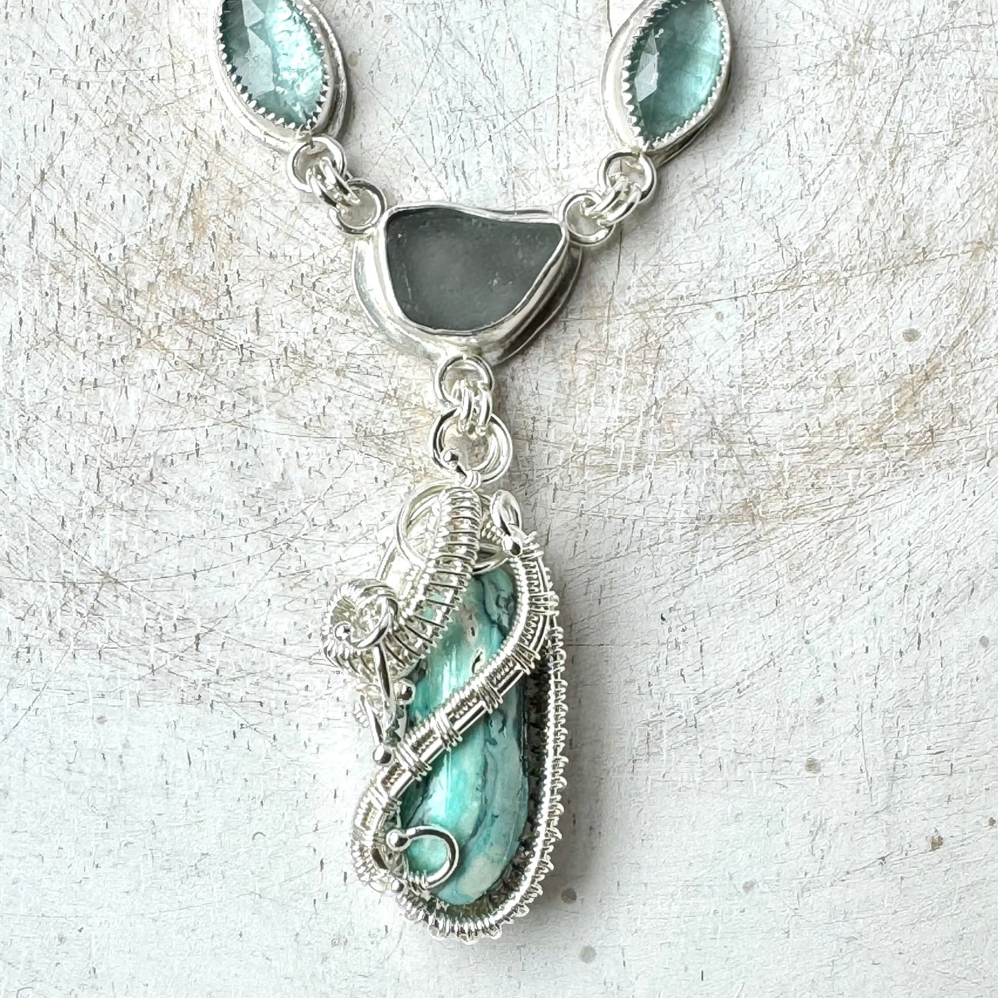 Aqua & Grey Sea Glass, Kyanite & Mystic Sage Turquoise Necklace