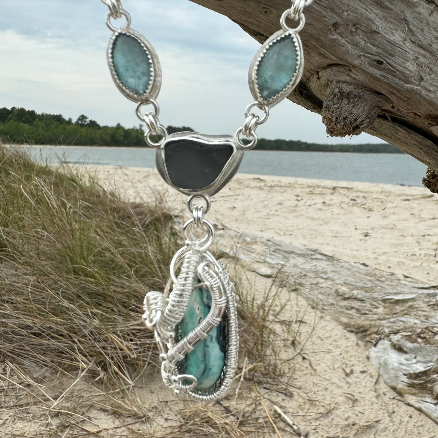 Aqua & Grey Sea Glass, Kyanite & Mystic Sage Turquoise Necklace