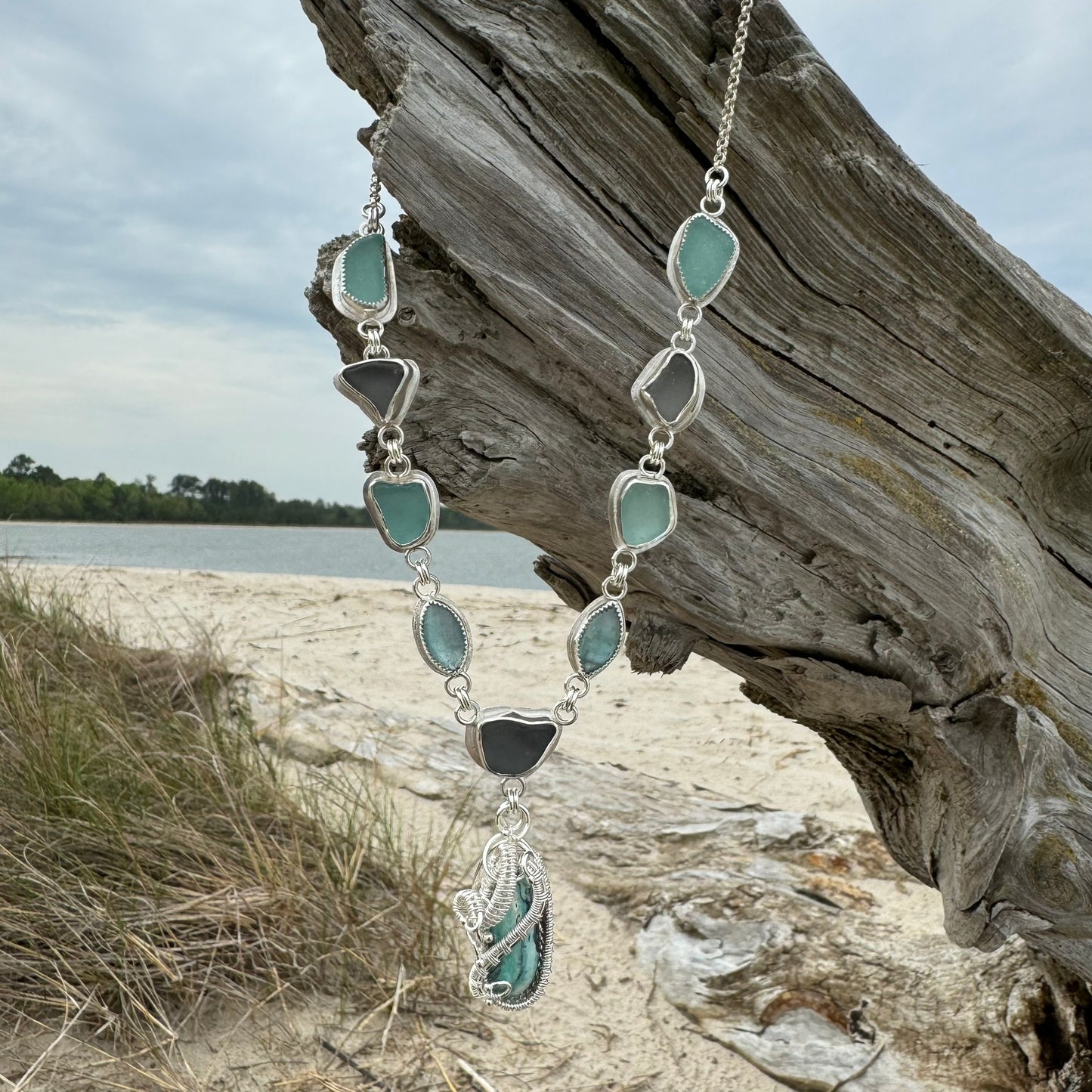 Aqua & Grey Sea Glass, Kyanite & Mystic Sage Turquoise Necklace