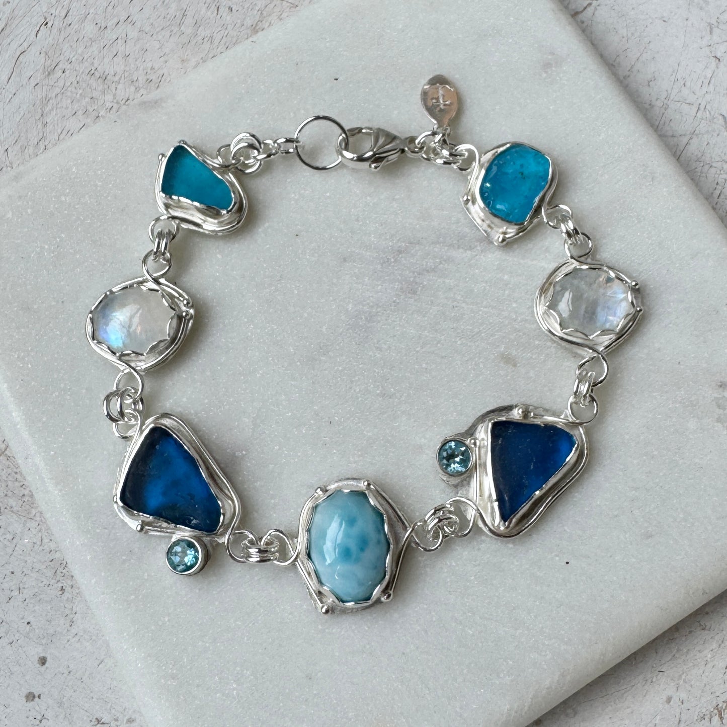 Teal Sea Glass, Larimar, Topaz & Moonstone Bracelet
