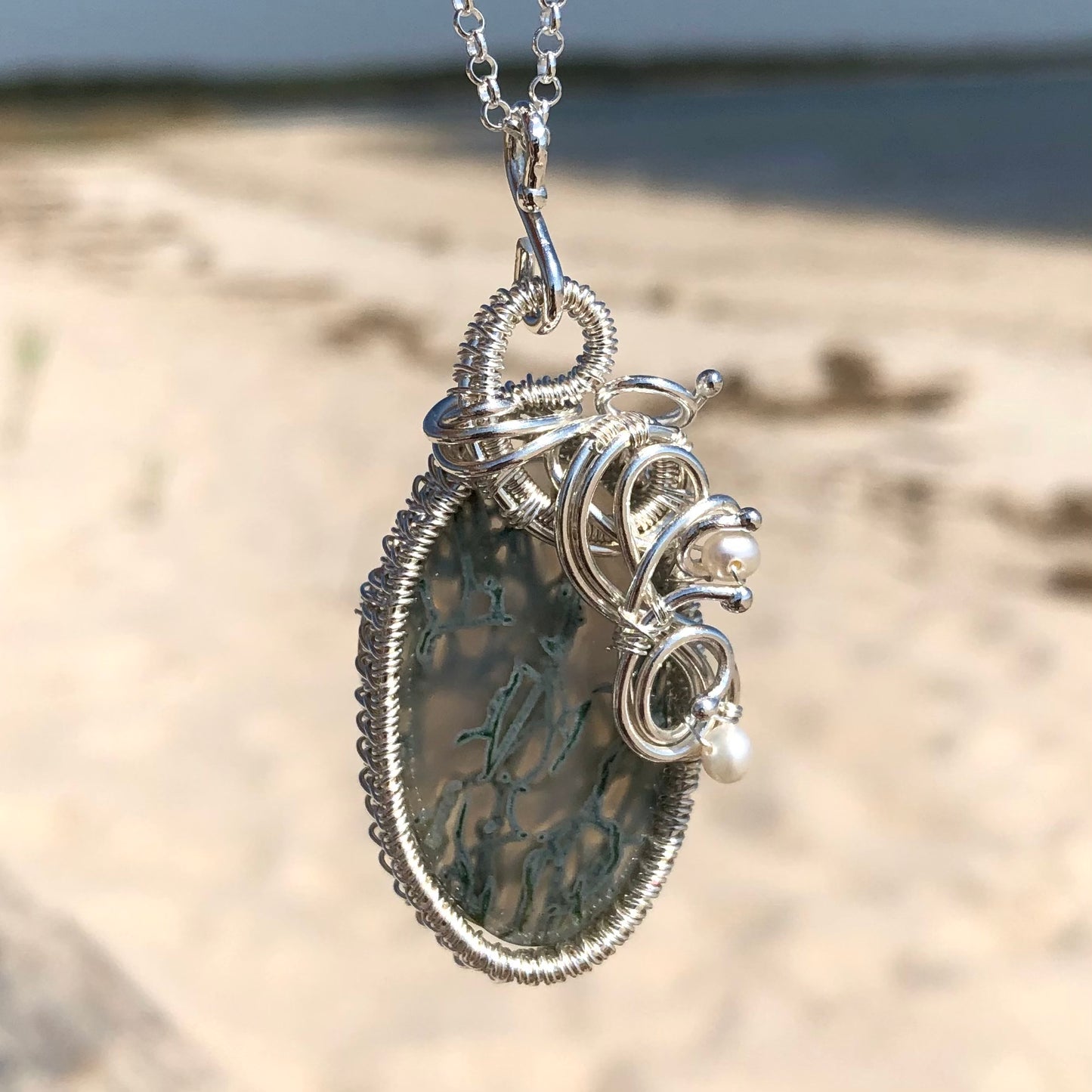 Blue Moss Agate & Pearl Woven Necklace