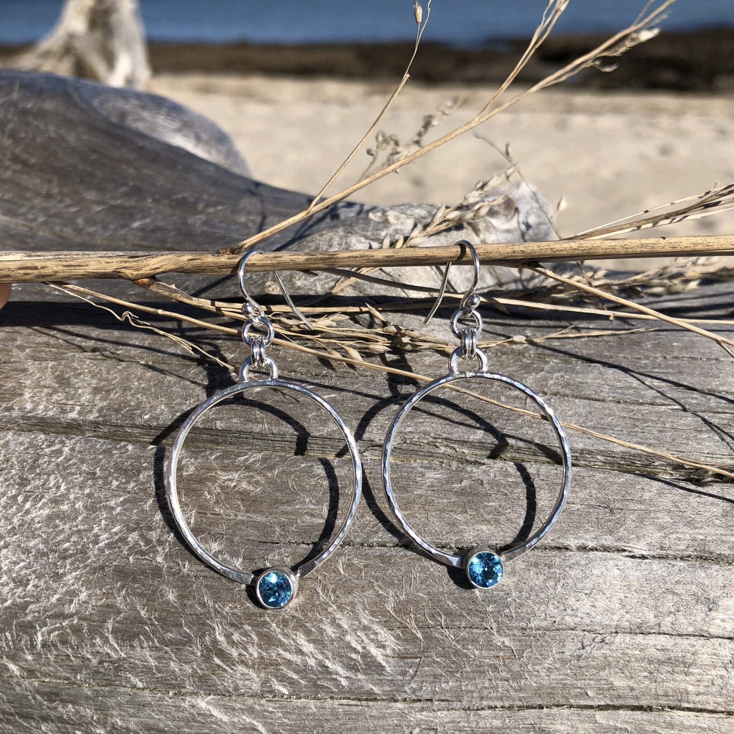Blue Topaz Hammered Hoop Earrings