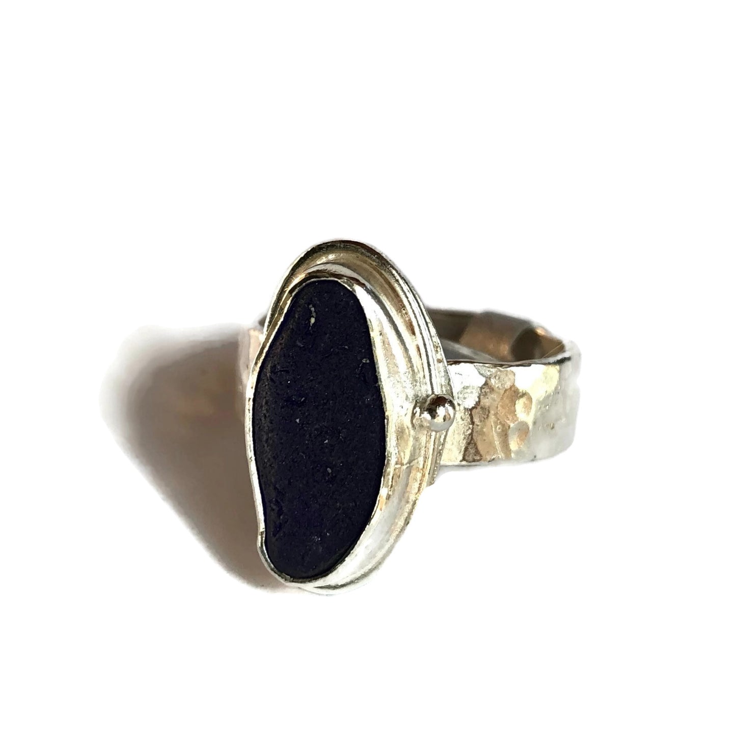 Cobalt Sea Glass Ring with Textured Silver Band
