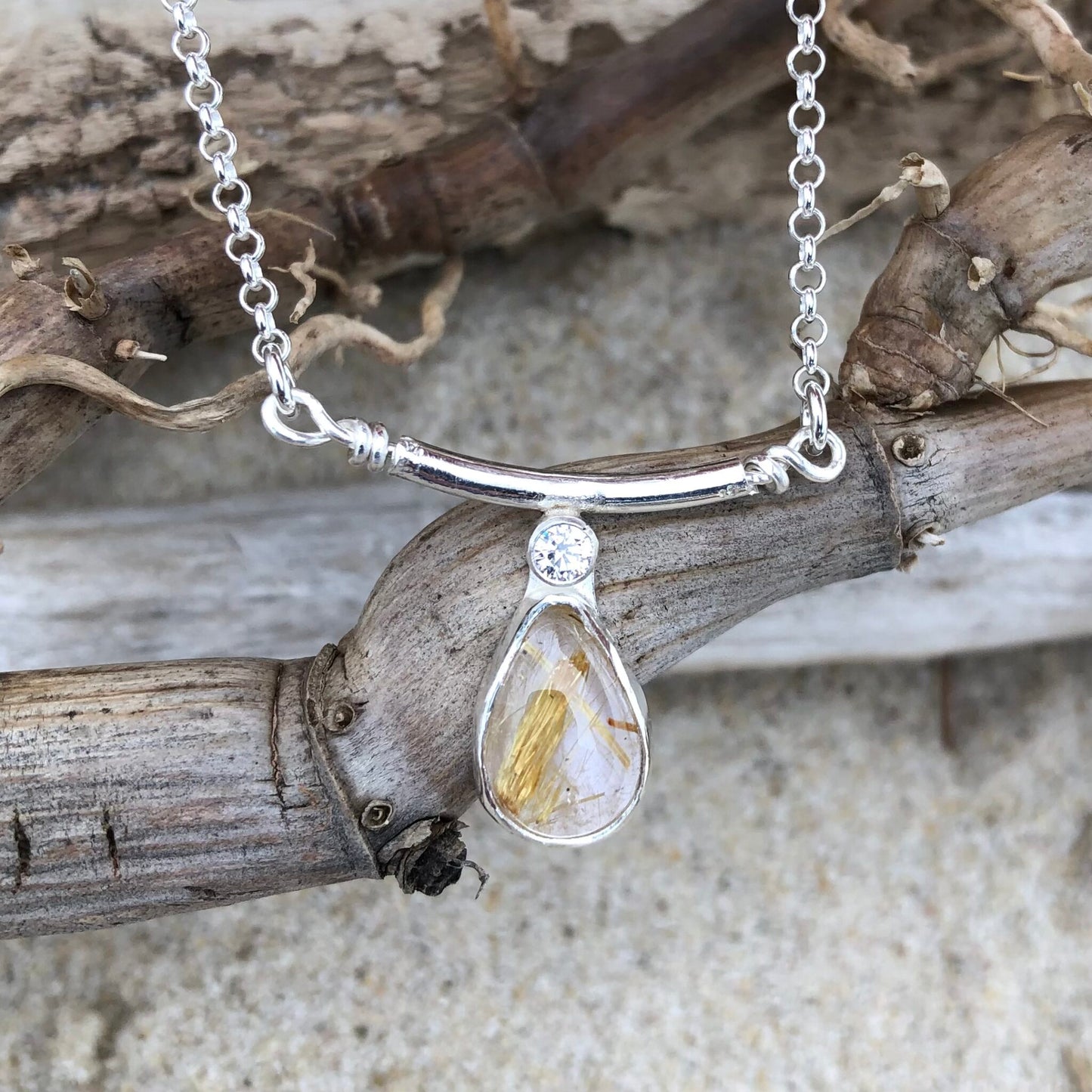 Golden Rutilated Quartz & CZ Necklace