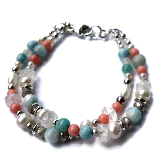 Larimar, Moonstone, Pearl & Coral 2-Strand Bracelet
