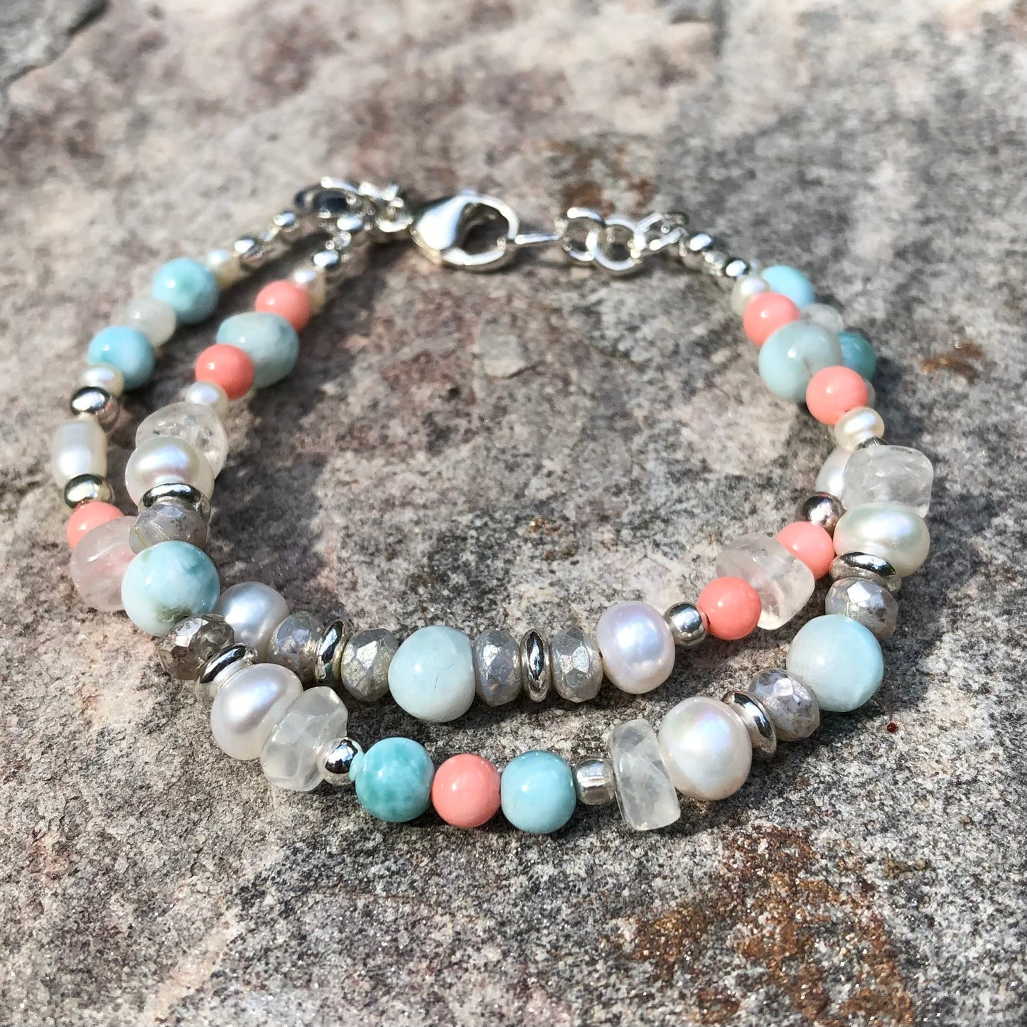 Larimar, Moonstone, Pearl & Coral 2-Strand Bracelet