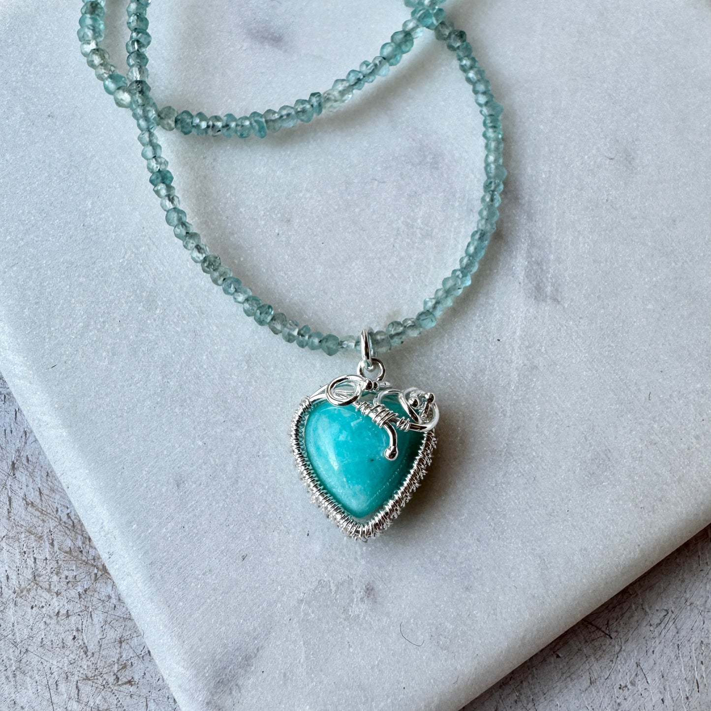 Amazonite Heart Silver Woven Necklace