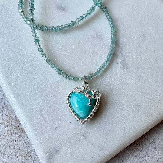 Amazonite Heart Silver Woven Necklace