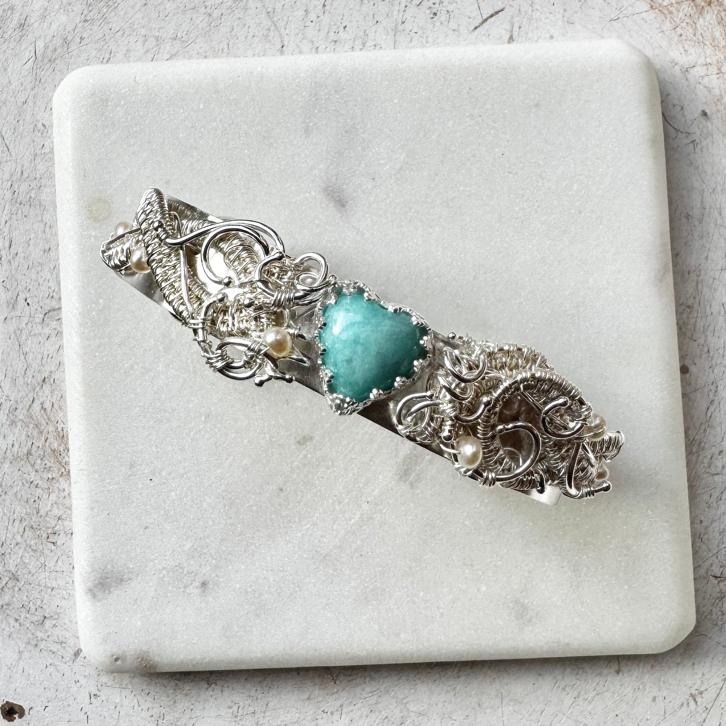 Amazonite Woven Silver Heart Overlay Cuff Bracelet