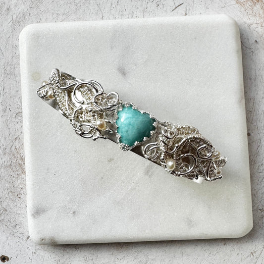 Amazonite Woven Silver Heart Overlay Cuff Bracelet