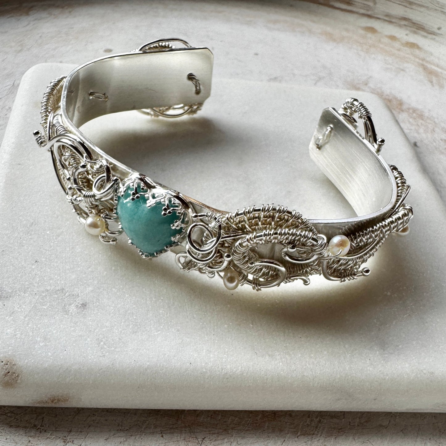 Amazonite Woven Silver Heart Overlay Cuff Bracelet