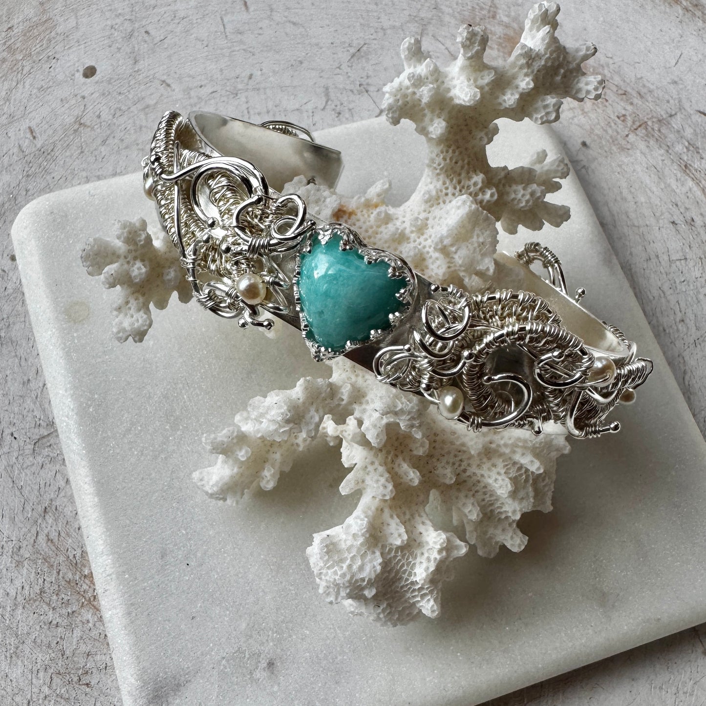 Amazonite Woven Silver Heart Overlay Cuff Bracelet