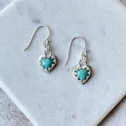 Amazonite Silver Heart Earrings