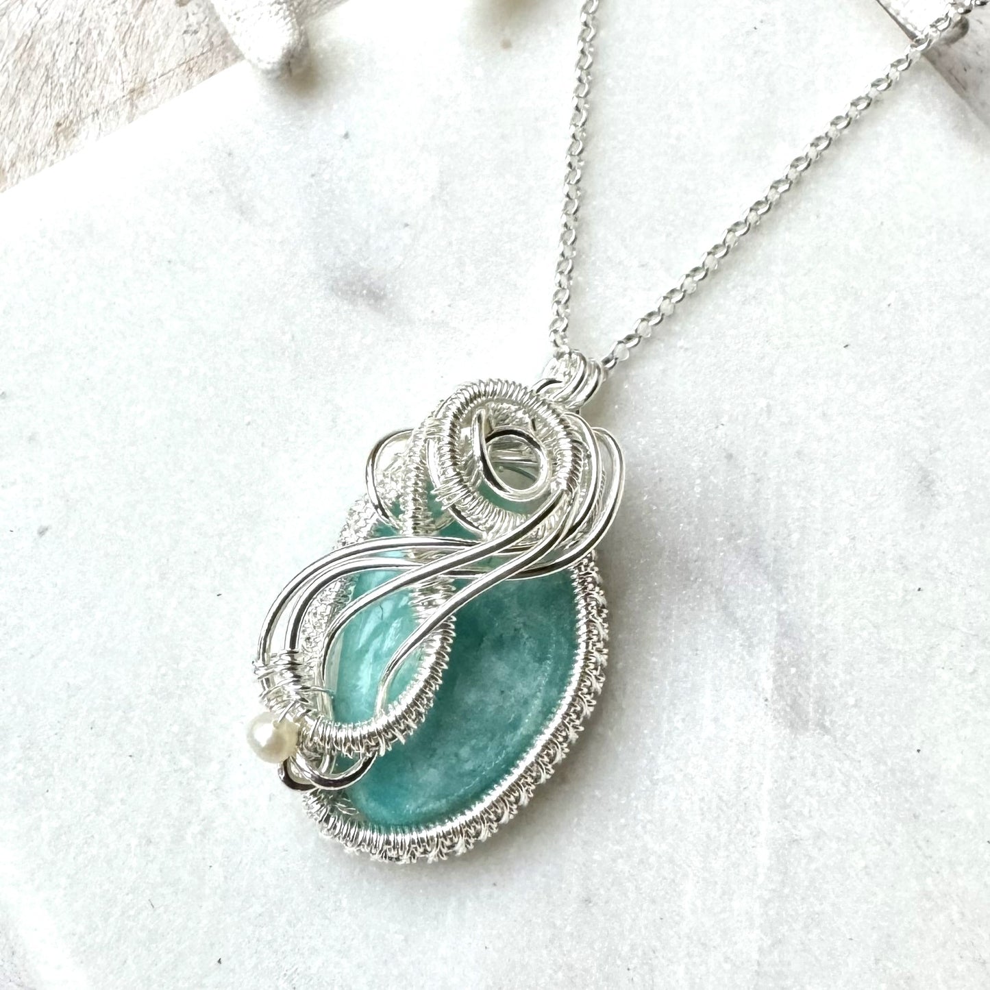 Amazonite Oval Silver Woven Necklace