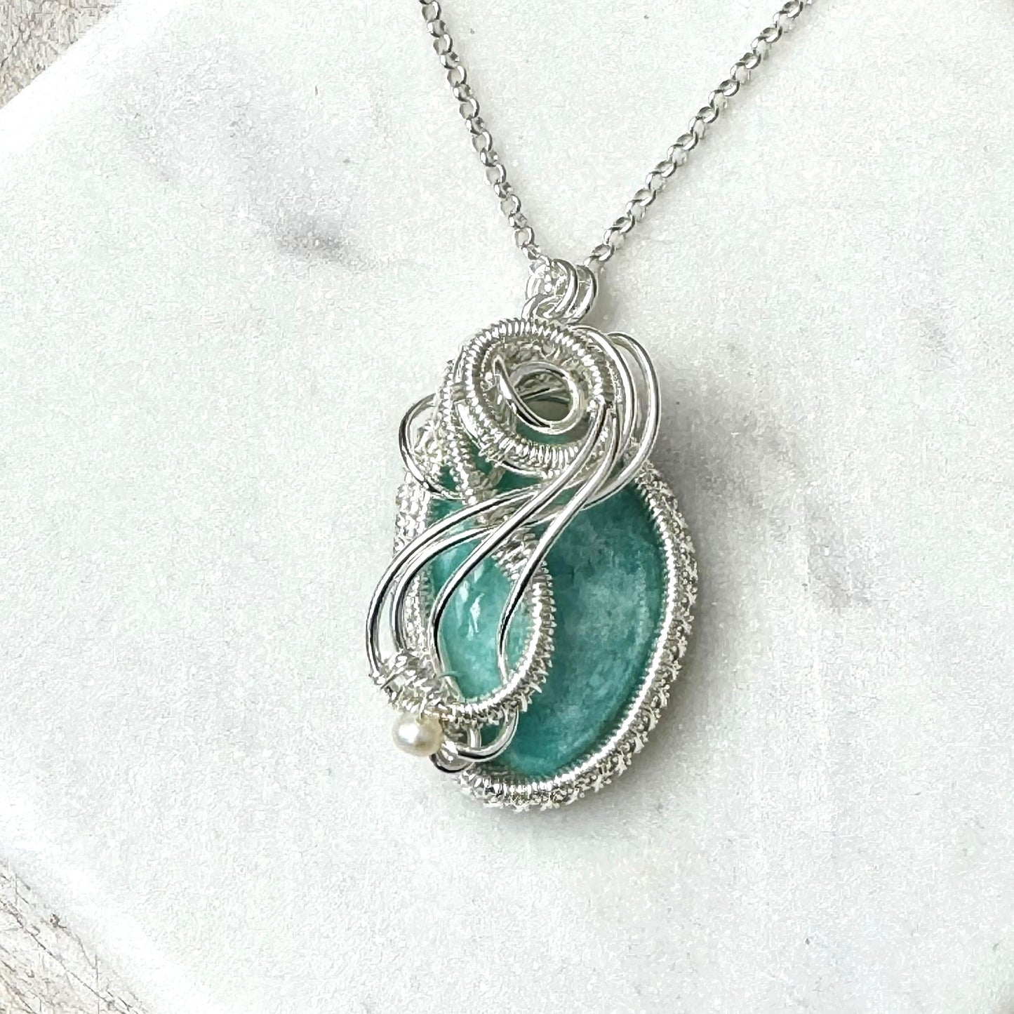 Amazonite Oval Silver Woven Necklace