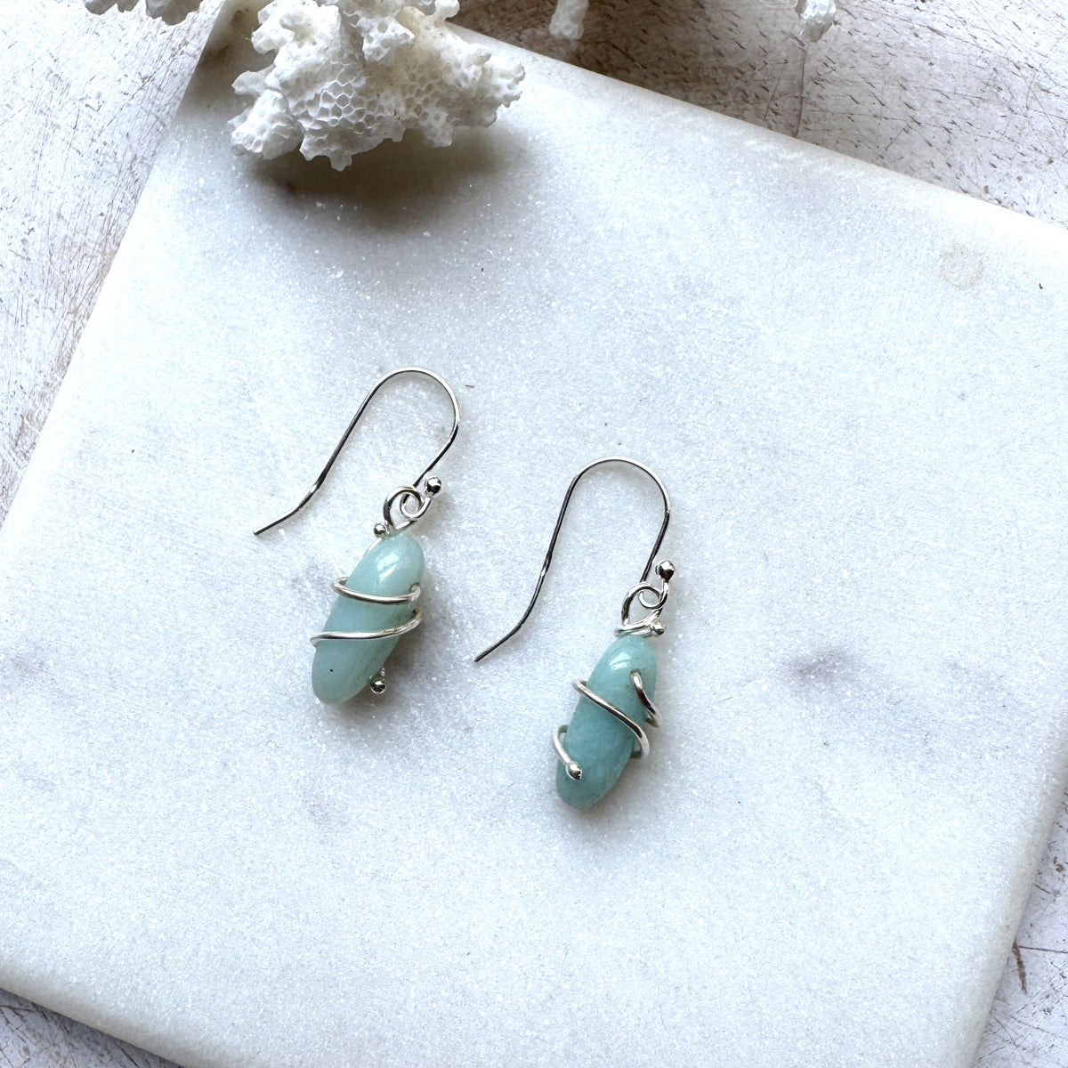 Amazonite Oval Silver Wrap Earrings